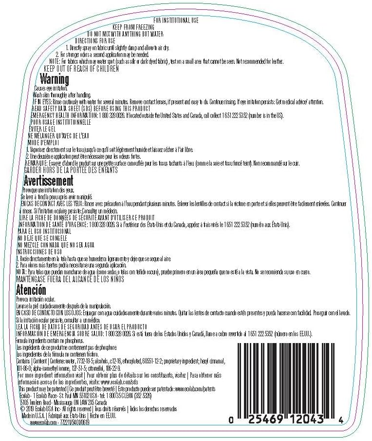 Ecolab ZephAir Mountain Mist Air Freshener 32oz bottle, detailed back label with instructions and warnings.