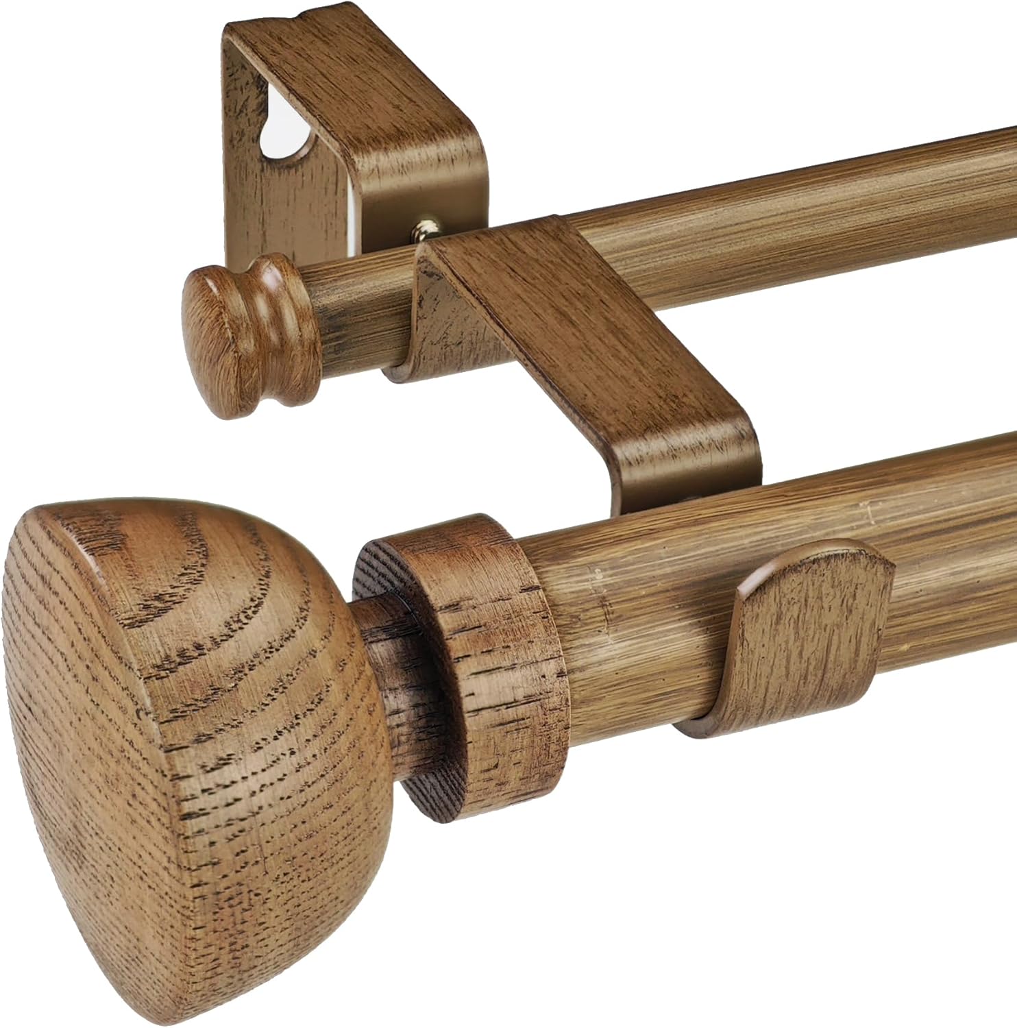 Faux Wood Style Curtain Rod Set with Wood Grain Round Finial, 72-144 inch, Standard Double Drapery Rod for 1 Pack, 1 inch diameter, Adjustable Length