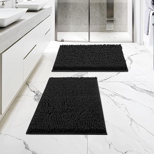 Miniatura 1 de MitoVilla Juego de 2 alfombras de baño negras, 2 piezas de 17 x 24 pulgadas, alfombra de baño antideslizante de felpa lanuda gruesa, alfombras de