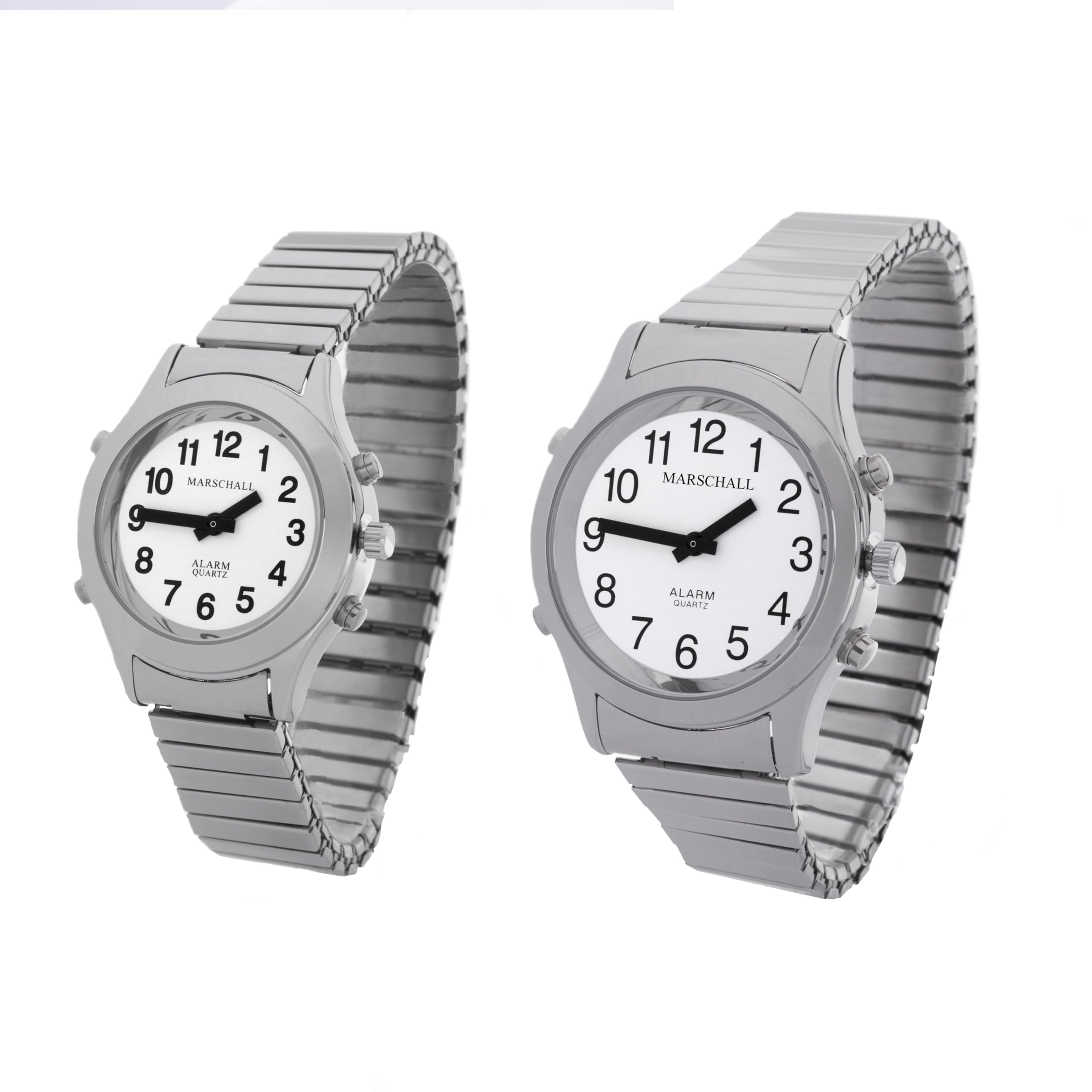 Marschall Deutsch sprechende Damen Armbanduhr I D-SM I Für Blinde, Senioren und Sehbehinderte I Komplette Datumsansage I Extra große Zeiger I Silberfarben mit Metall-Zugarmband