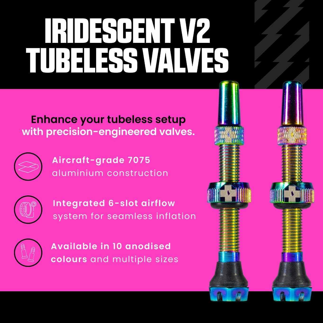 Muc-Off Tubeless Valves V2 – 44mm Iridescent | 4X 7075 Aircraft-Grade Aluminium Presta Valves with Core Removal Tool | 44mm / 60mm / 80mm - 10 Anodised Color Options | Fits MTB, Gravel & Road