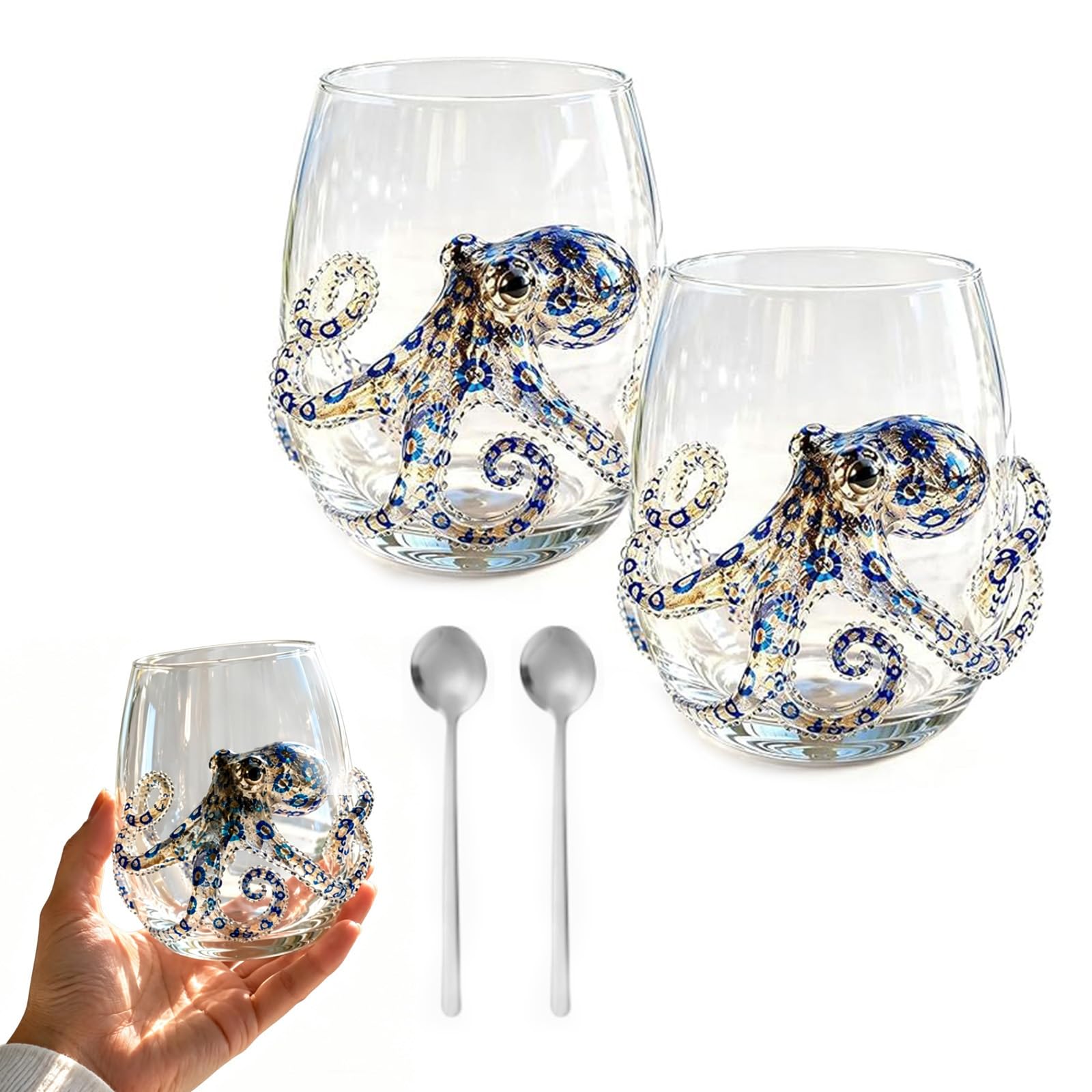Genérico Cristalería artesanal con diseño de pulpo azul anillado, vaso de bar con forma de pulpo marino y cuchara, vaso de bar artesanal con diseño de animal marino para amantes del océano. (A2)