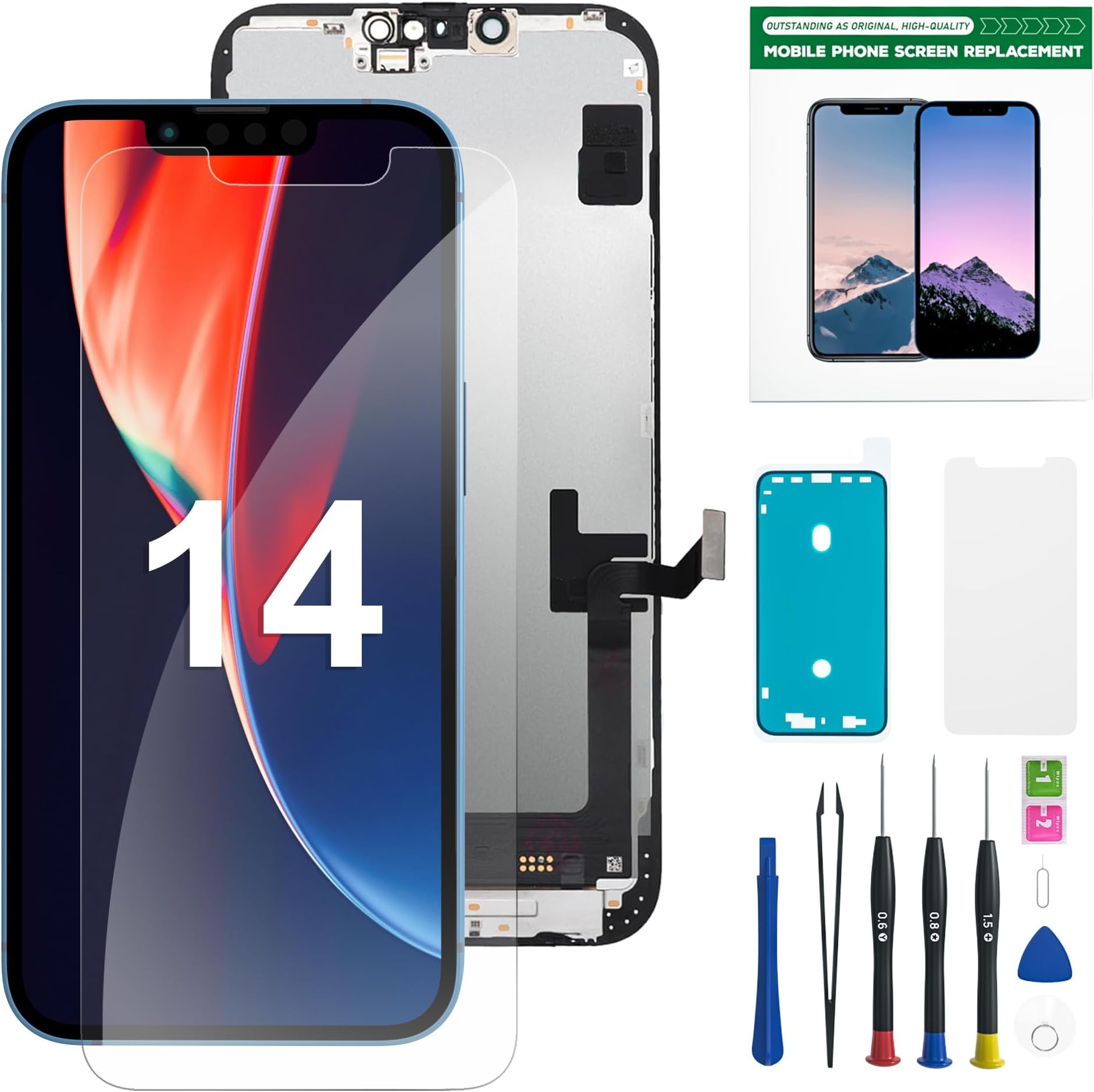 QTlierfor iPhone 14 Screen Replacement 6.1 inch, LCD Display 3D Touch Screen Digitizer Assembly for A2649, A2881, A2884, A2883, A2882 with Repair Tools+Adhesive Strips