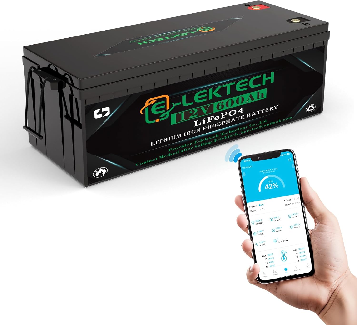 E-LekTech 12V 600Ah LiFePO4 Lithium Battery with a smartphone displaying the battery monitoring app.