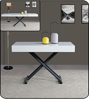 VOLERO' ; Table Lift-top Coffee to Dining Table,Transformable Space-Saving Table, Achille Large Model, Sliding Mechanism with Millimeter Height Adjustment. (White Top, Sandblasted Gray Legs)