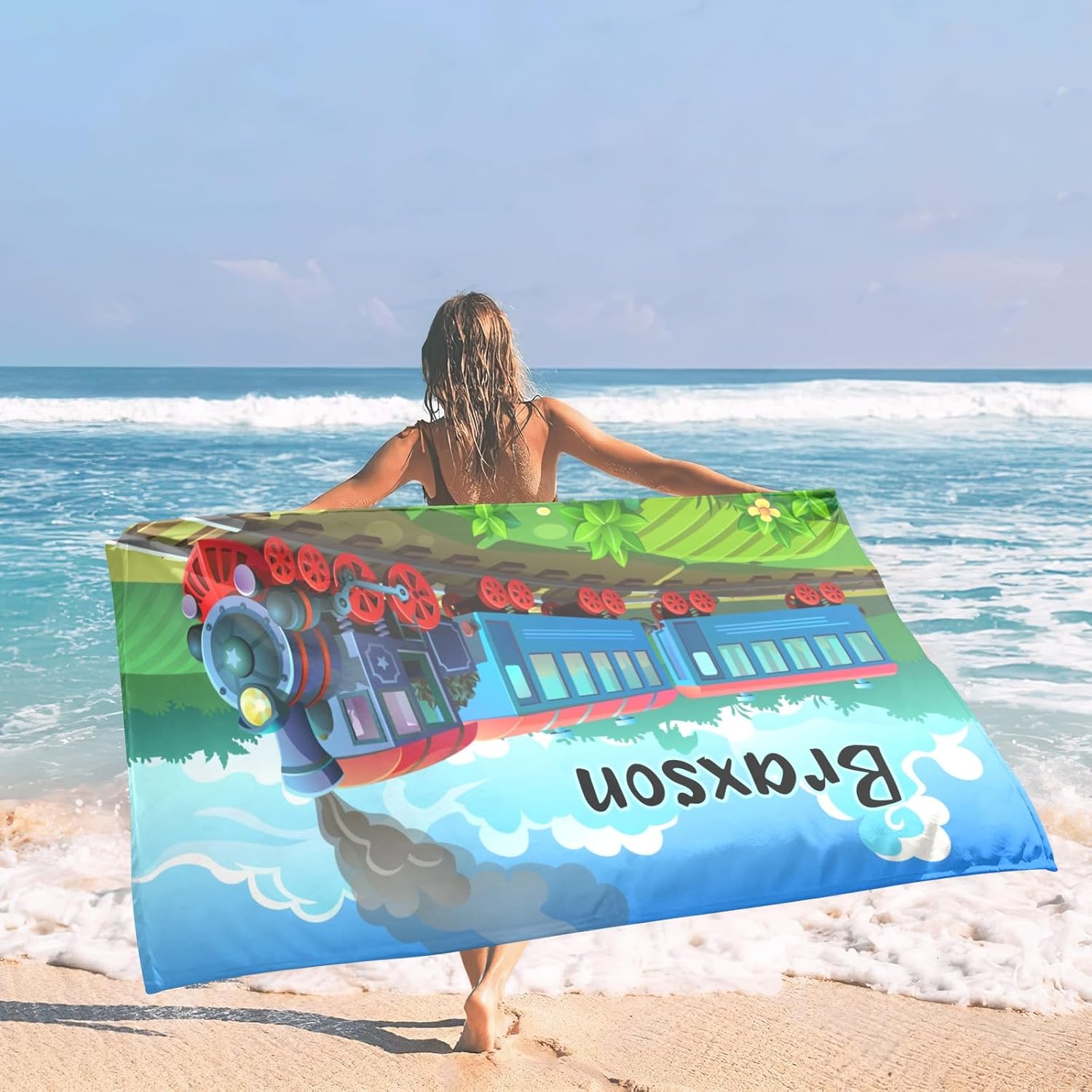Cartoon Train Personalized Beach Towel for Adult Kids,Custom Name Bath Towels for Travel,Swim, Pool,Gym Sports 60x30 in