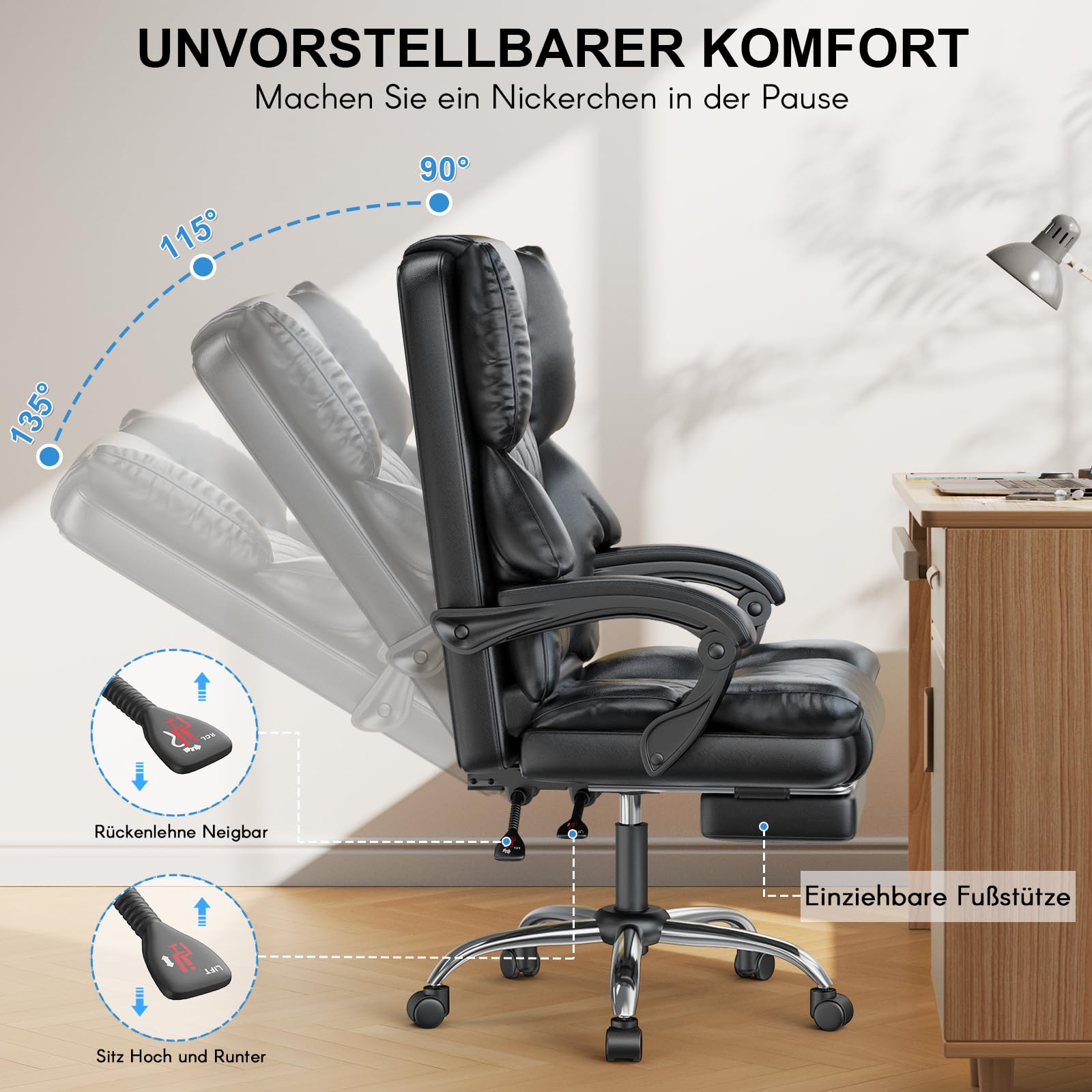 naspaluro Chefsessel Bürostuhl mit Fußstütze, Schreibtischstuhl Ergonomisch, PU Leder Computerstuhl mit Gepolsterter Armlehnen und Weicher Kopfstütze Neigefunktion, Höhenverstellbar Drehstuhl, Schwarz