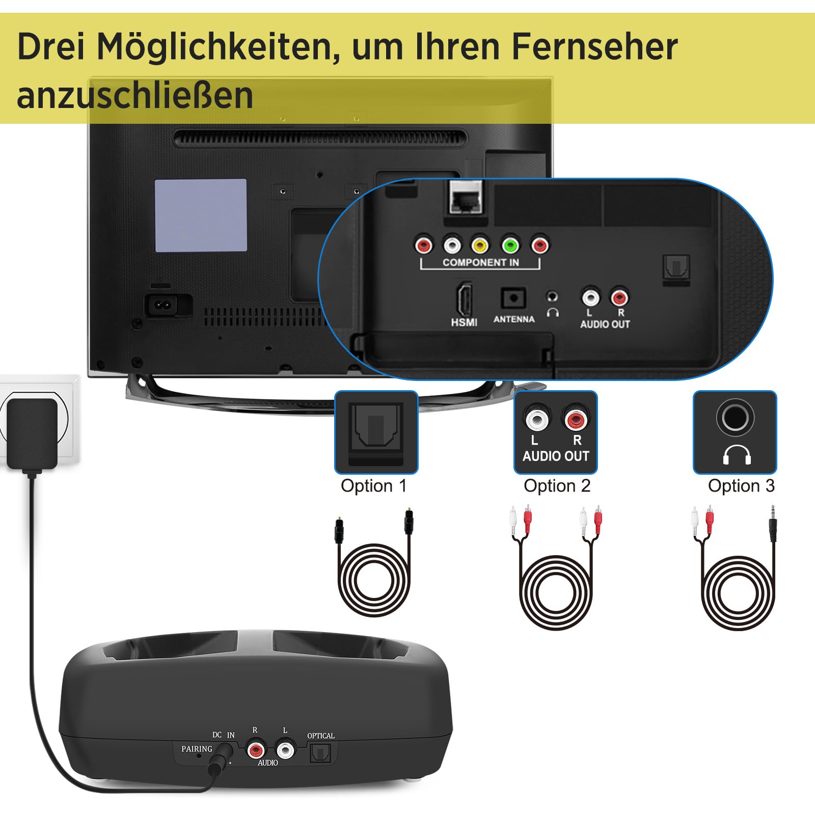 WallarGe Funkkopfhörer für Fernseher/TV, Over-Ear kabellose kopfhörer mit RF Digitales Ladestation mit Reichweite 33 m für Fernseher HiFi, Sender mit Optisches und Aux Port (Schwarz & Rot)