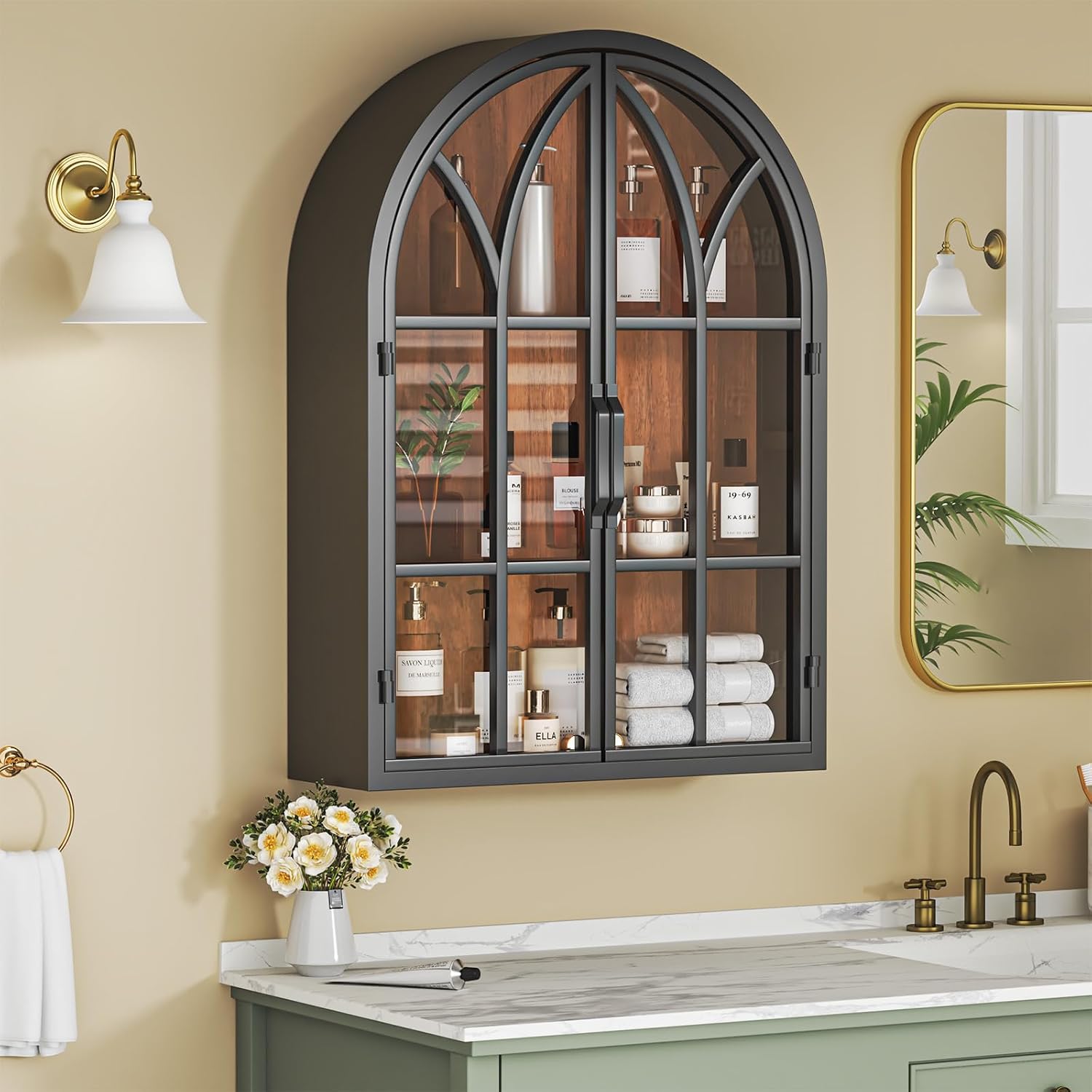 Bathroom Arched Wall Cabinet with Glass Door - NO Assembly Required - Handmade Metal Arch Medicine Cabinet Wall Mounted, Over The Toilet Hanging Storage Cabinet with Wooden Shelf, Style 4