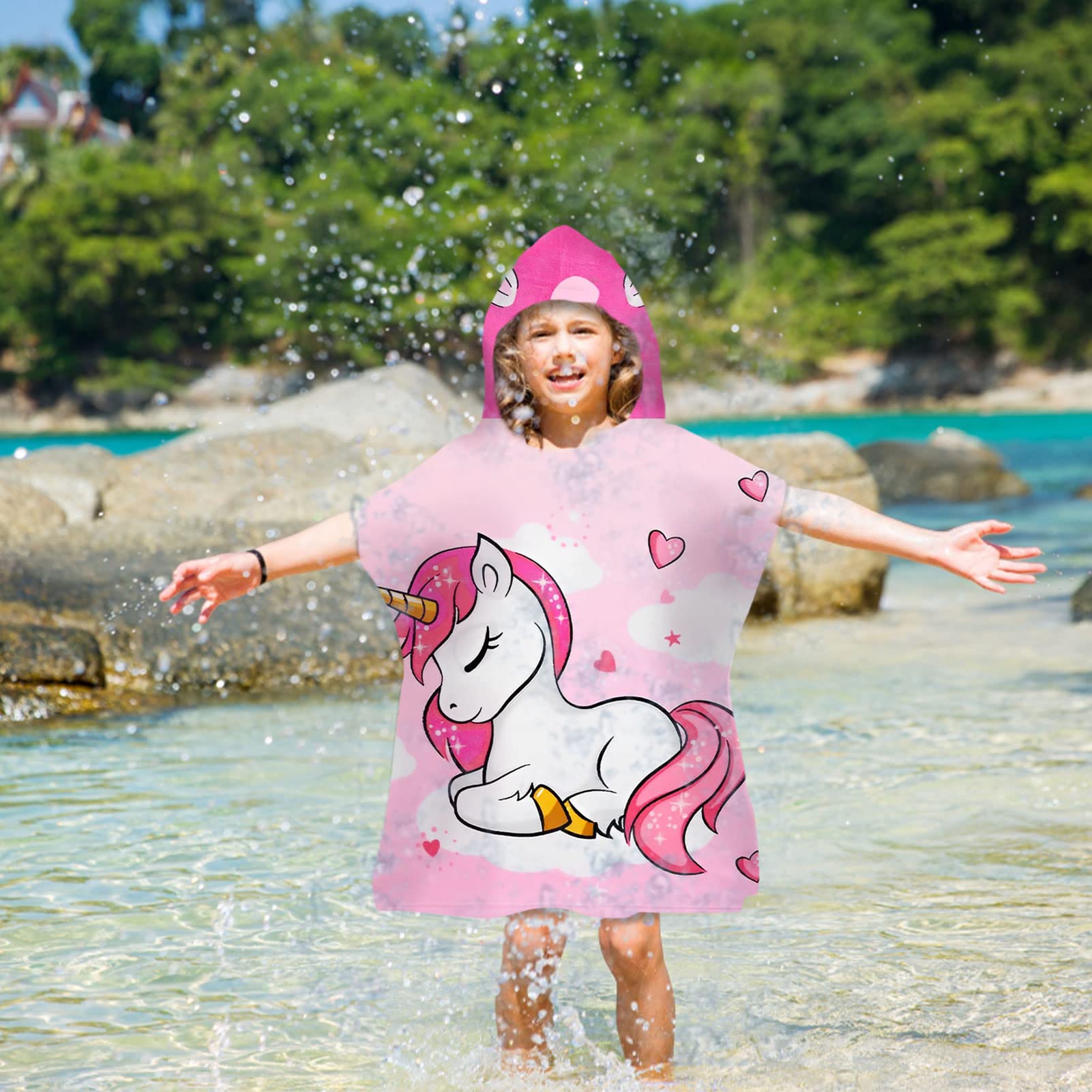 Amycute Poncho De Bain Enfant Avec Capuche Et Sacs De Rangement - Serviette Microfibre Plage 3-10 Ans Fille Garçon