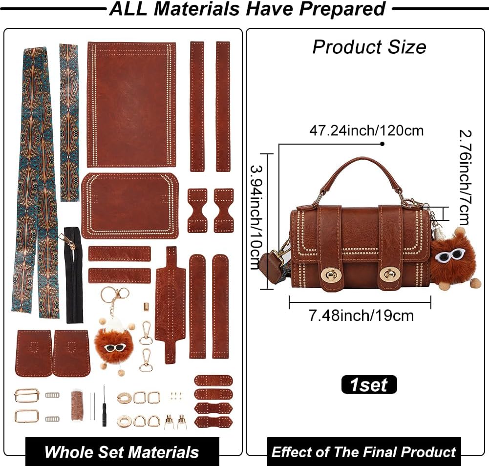 WADORN PU Leather Crossbody Bag Making Kit, DIY Knitting Crochet Shoulder Bag Making Materials PU Leather Handbags Sewing Kit for DIY Handmade Purse Making Accessories, 7.4x3.9x2.7 Inch (Brown) - Image 2