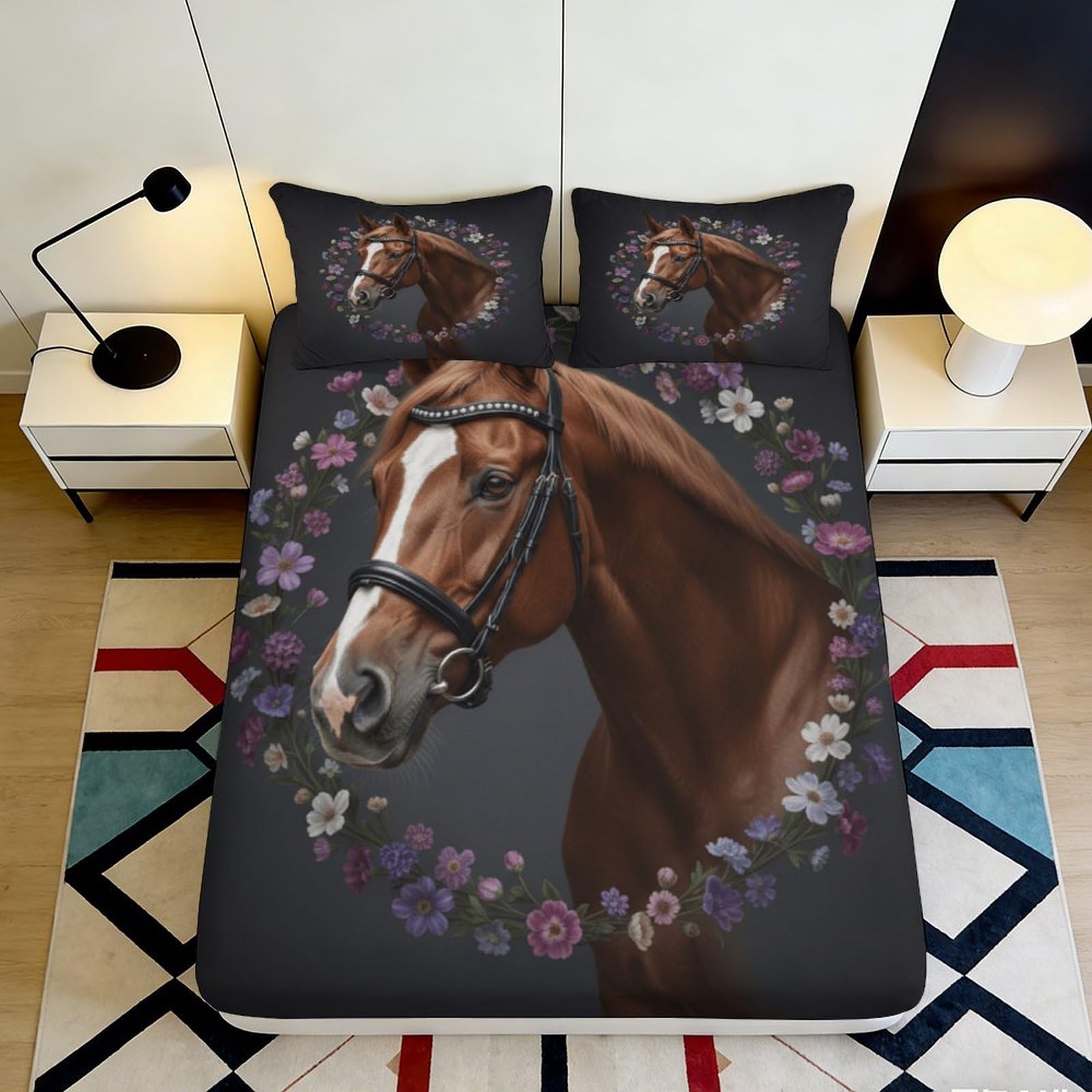 3D Printed Horse Pattern Fitted Sheet Microfiber Deep Pocket Non-Slip Horse Mattress Fitted Cover Full Wrap Washable 160x200x25cm