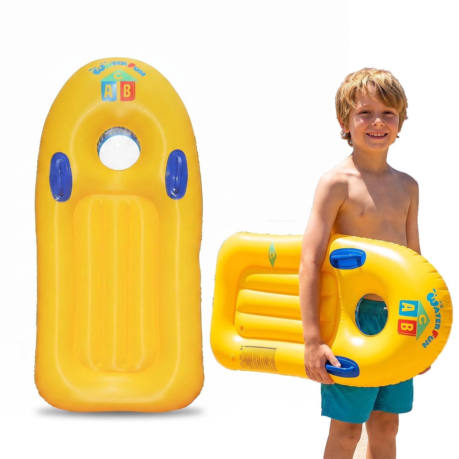 HUANYO Inflatable Bodyboard for Kids, Boogie Board with Handles Portable Surfboard for Pool, Beach, Surfing, Swimming, Summer Water Fun for Boys Girls (Yellow)