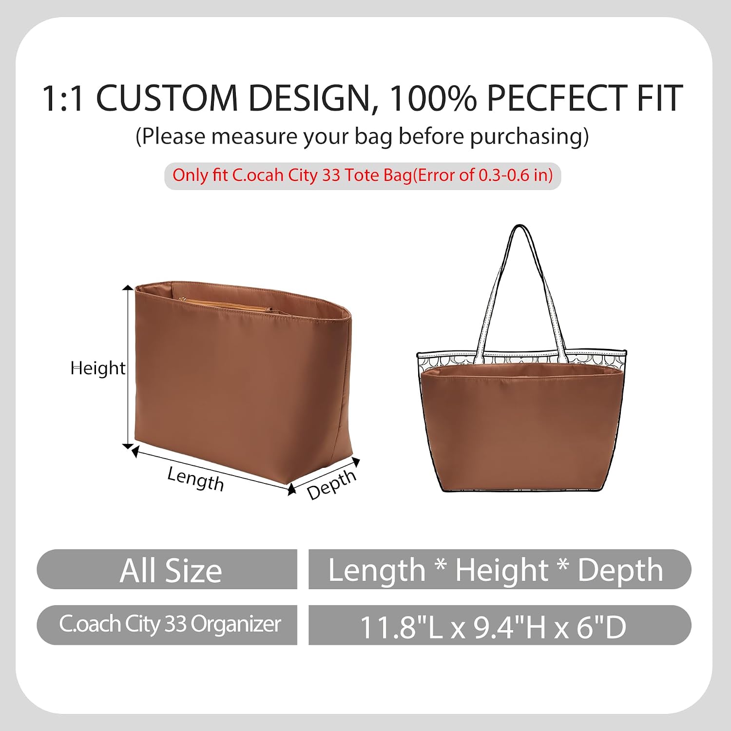 Tote Bag Organizer Insert for Coach City 33 Bag, Premium Soft Nylon Purse Organizer Insert with Laptop Sleeve, Handbag Inner Divider Shaper with Elastic Cup Holder & Smooth Zipper(City33/Brown)