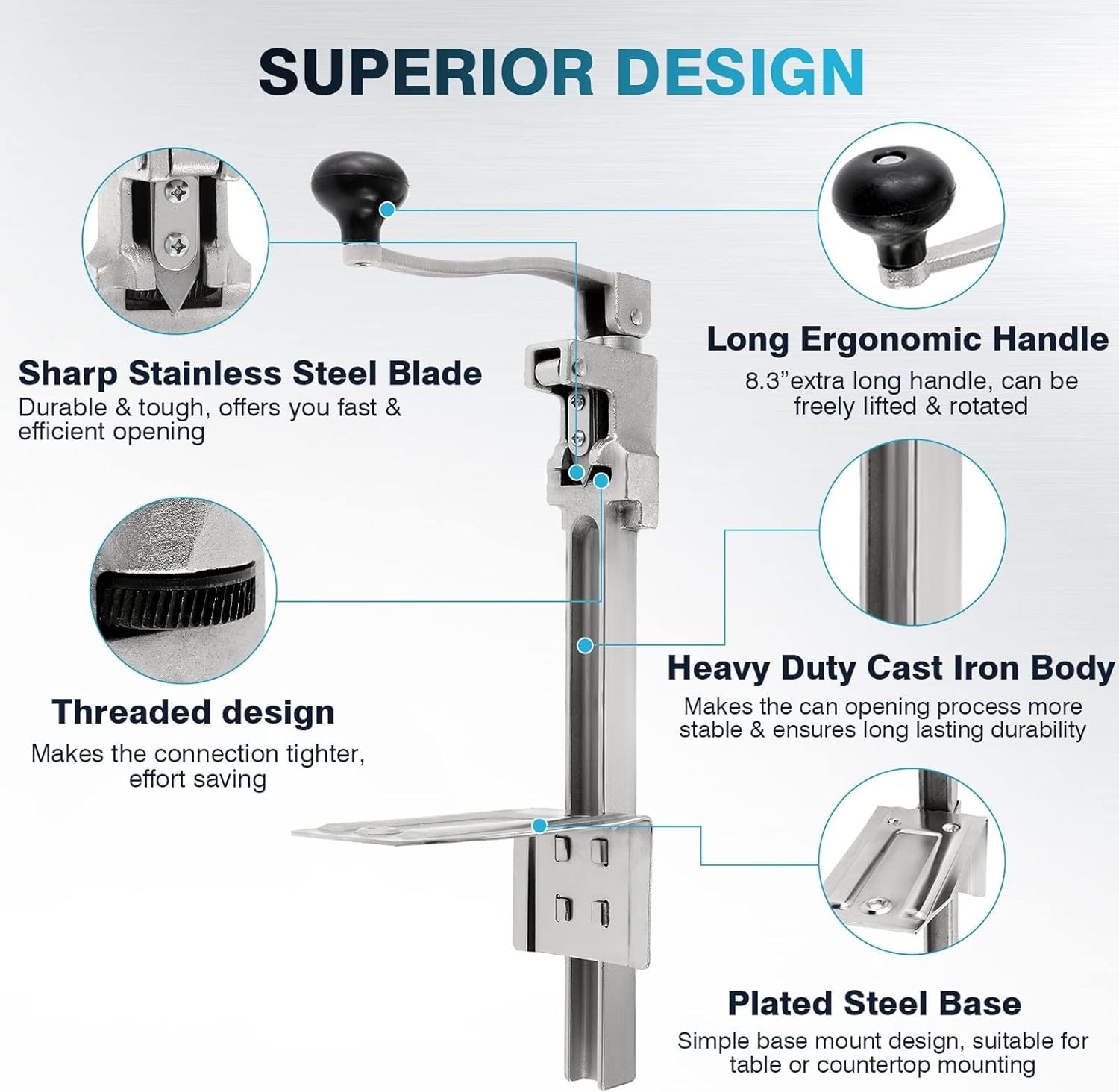 Can Opener Industrial Can Opener, Heavy Duty Commercial Can Opener Tabletop Manual Can Opener with Table Bench Clamp for Kitchen Restaurant Hotel Bar, 17.5
