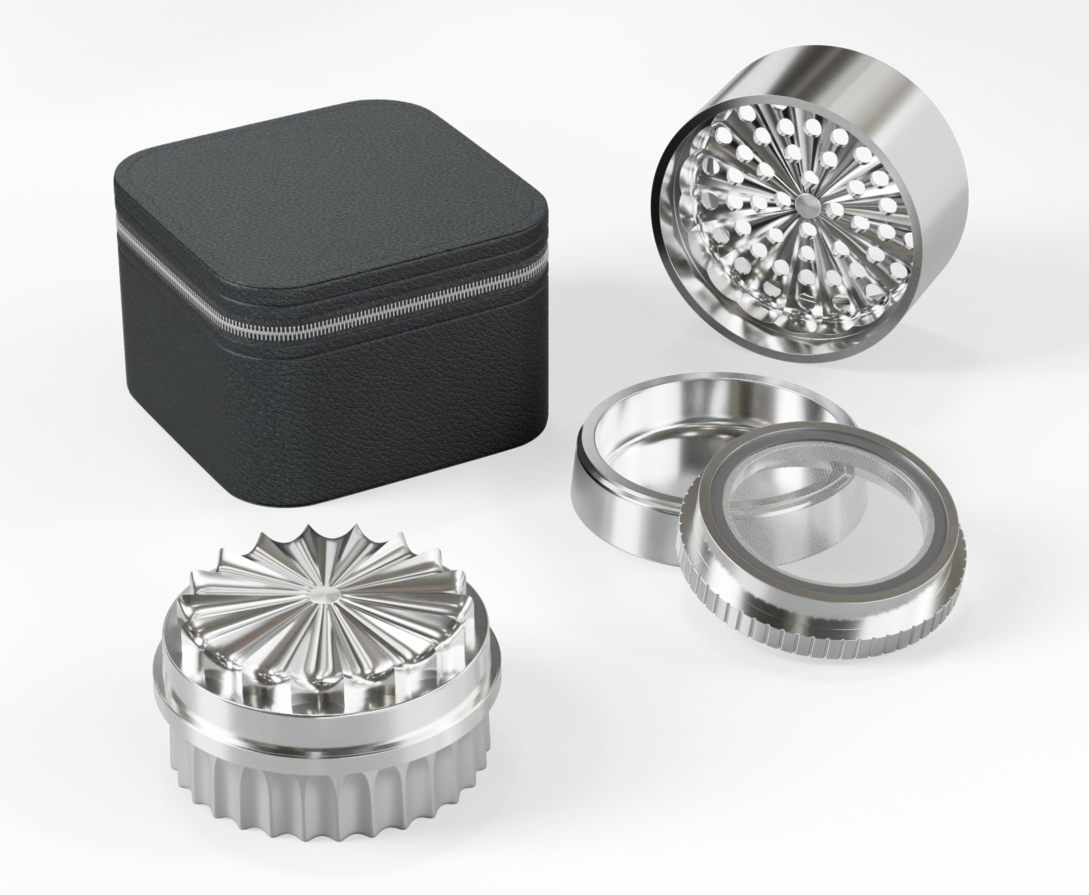 Molinillo de acero inoxidable sin dientes, 63 mm de diámetro, molinillo de hierbas de acero duradero y no se adhiere | 5 piezas con caja Stash integrada en la tapa, incluye funda protectora