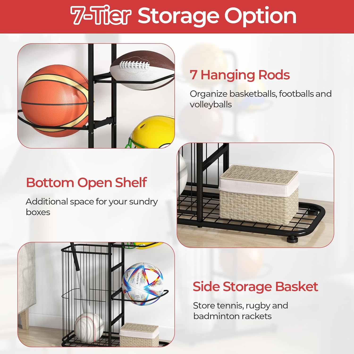 GYMAX Sports Equipment Organizer, Basketball Rack 7-Tier with Removable Hanging Rods, Side Ball Basket, Adjustable Foot Pads, Sports Organizer for Garage, Toy Organizer