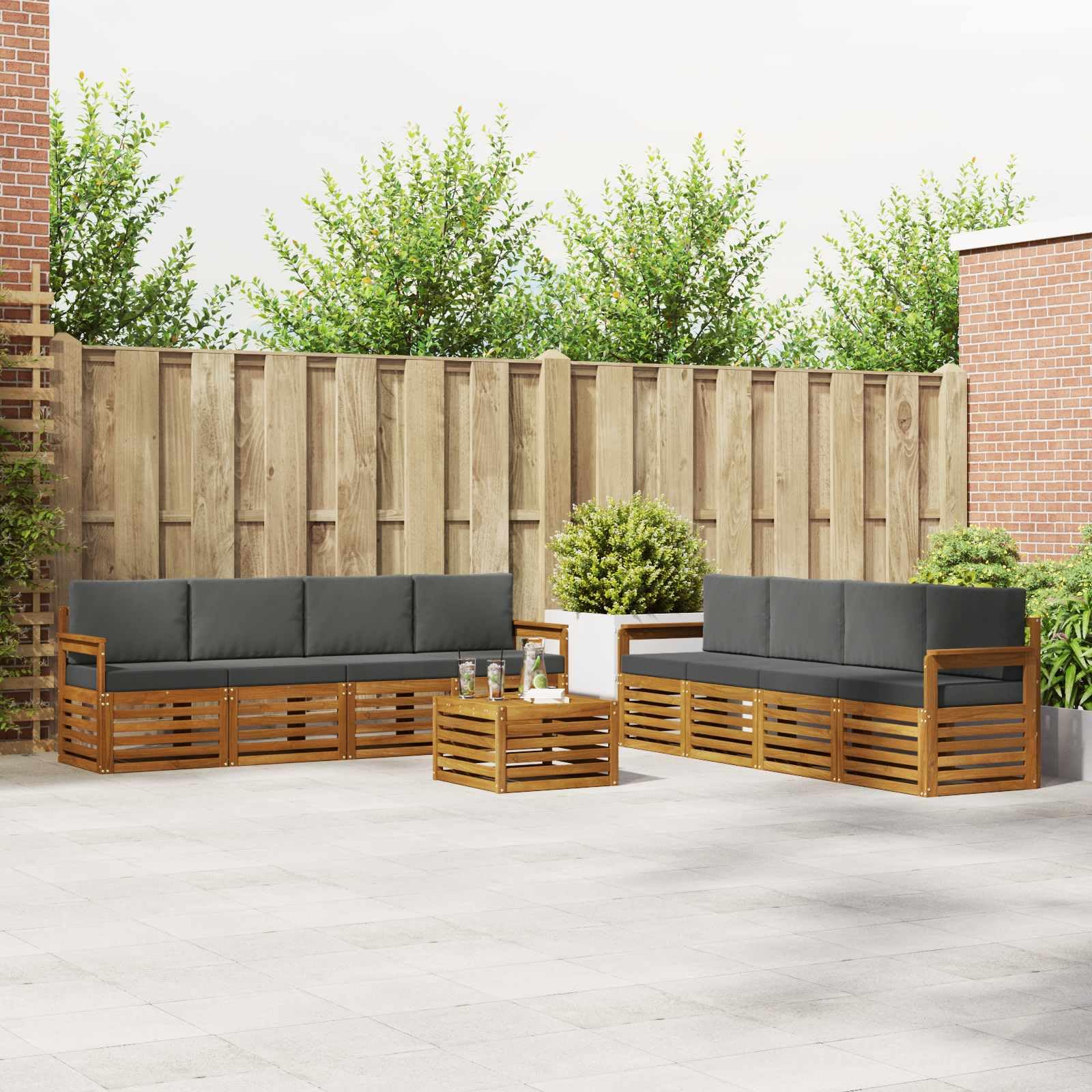 Outdoor-Garnitur 9-teilig aus massivem Akazienholz für Garten Terrasse Balkon wetterfestes Sitzgruppen-Set mit Tisch, Sofas, Sesseln, Kissen, Natur und anthrazit