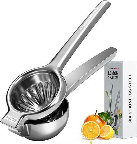 ThermoPro Exprimidor de limón y lima, exprimidor de cítricos de acero inoxidable 304 con cuenco ranurado y 8 agujeros de filtro, mango con bisagras