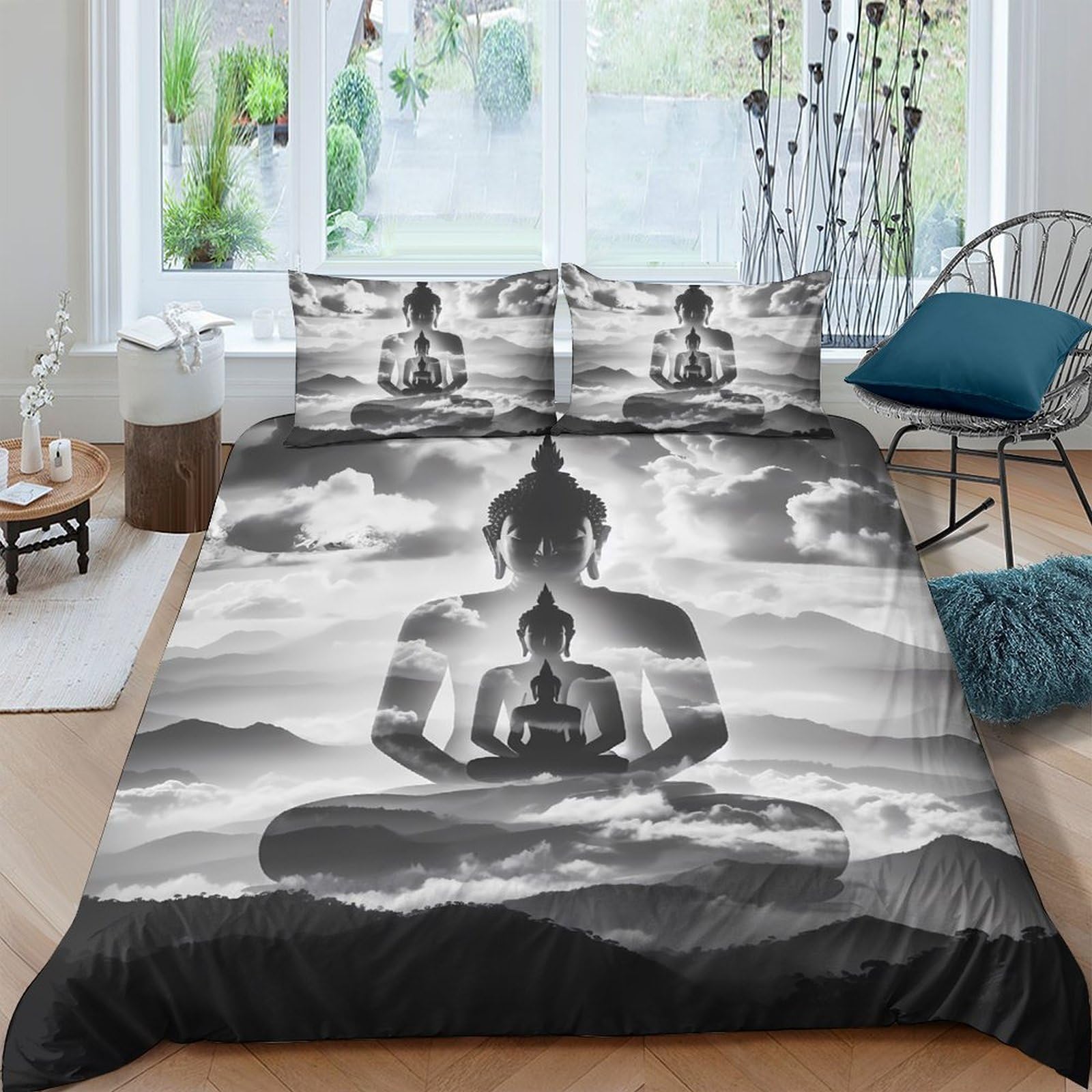 Ctjqhvkz Style-3 3D Printed Zen Buddha Fitted Sheet Microfiber Soft Black White Meditation Bed Cover For Bedroom Dorm Decor Mattress Protection Single（135X200cm）
