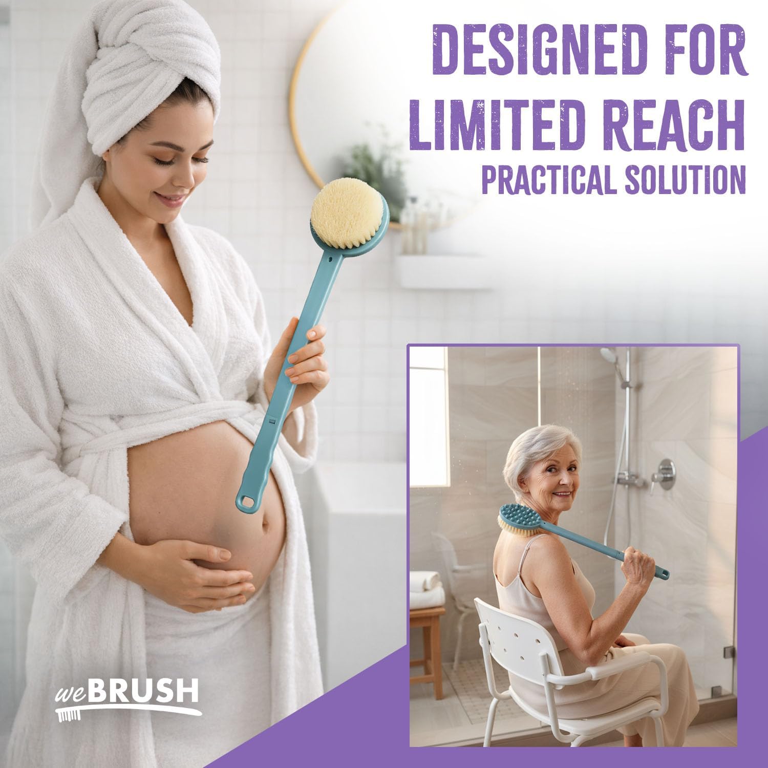 Bath Body Brush for Women & Men, Back Scrubber Shower Brush Exfoliating Back, Body and Feet Scrubbing Soft Nylon Bristles, 15inch Long Handle