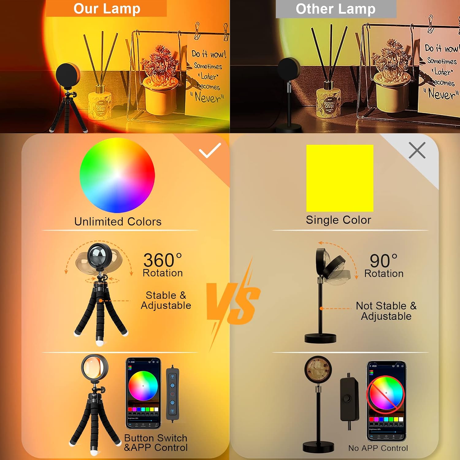 XEBKOR Sunset Lamp Projector Multicolor Changing LED Sunset Projection Lamp,Switch Button and APP Control 360 Degree Rotation Sunlight Lamp for Bedroom, Photography, Party, Tiktok Live, Room Decor