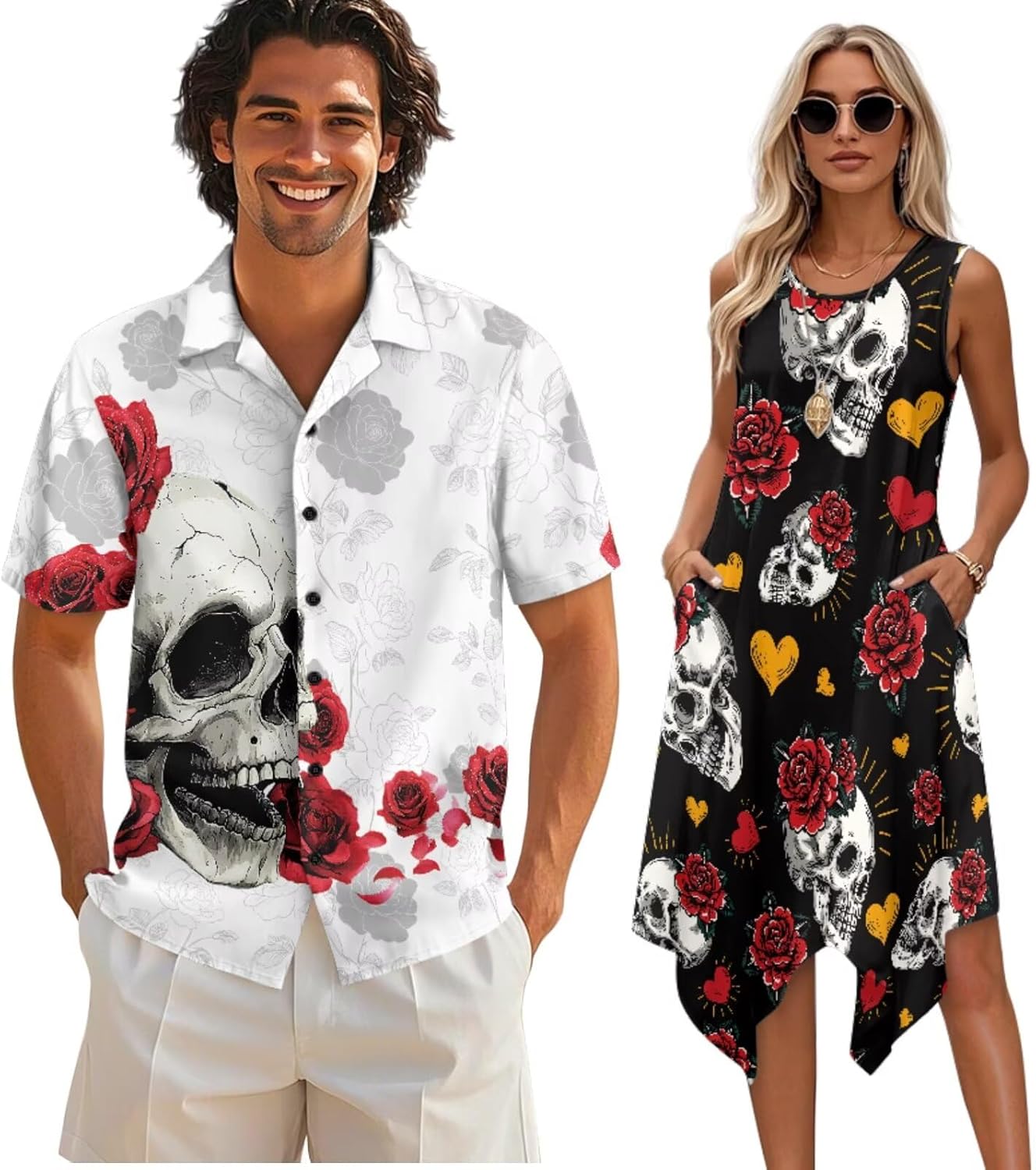 TOADDITDO Mens T-Shirts Summer Dress for Women Hawaiian Aloha Shirt Sleeveless Sundress Travel Matching Couples Luau Outfits