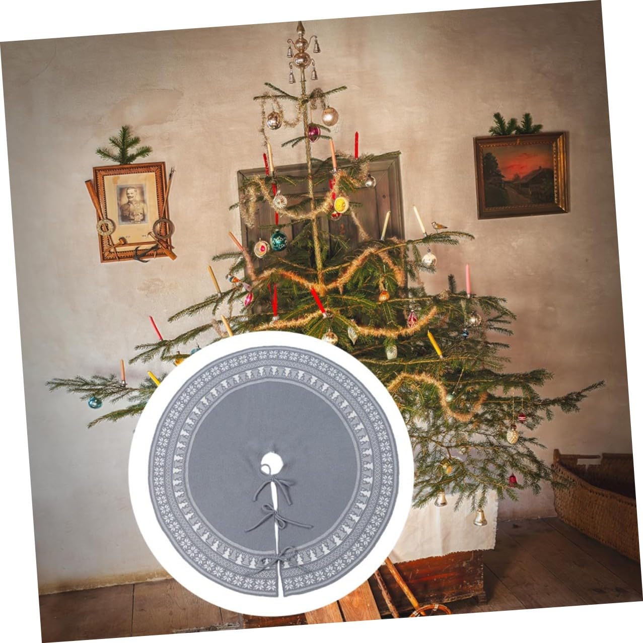 Weihnachtsbaumschürze Gestrickt mit Schneeflocken und Baum-Elementen Großer Radius als Baumrock oder Teppich für Weihnachtsdekoration