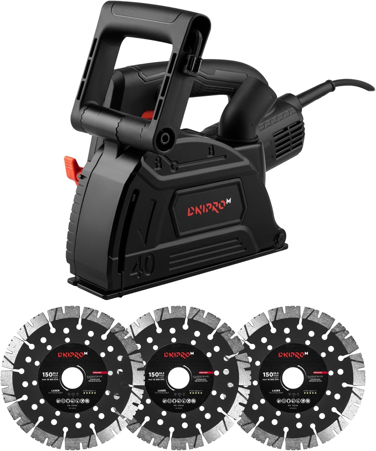 Rozadora de pared 1800W, disco 150mm. Profundidad de corte 40 mm, con aspiración de polvo y arranque suave. Incluye 3 discos. GS-15
