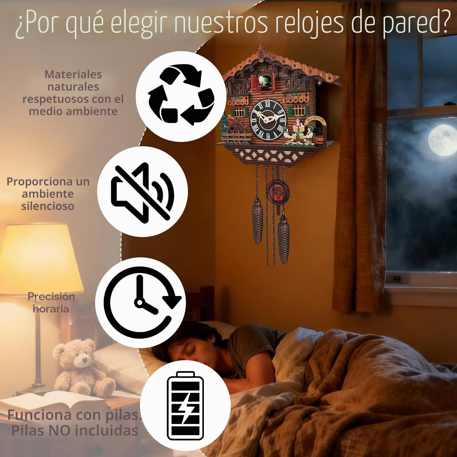 Reloj de cuco, reloj de cuco de madera artesanal con pájaro funcional, reloj de pared con control de volumen, reloj de cuarzo tradicional y antiguo para decoración de sala de estar, cocina
