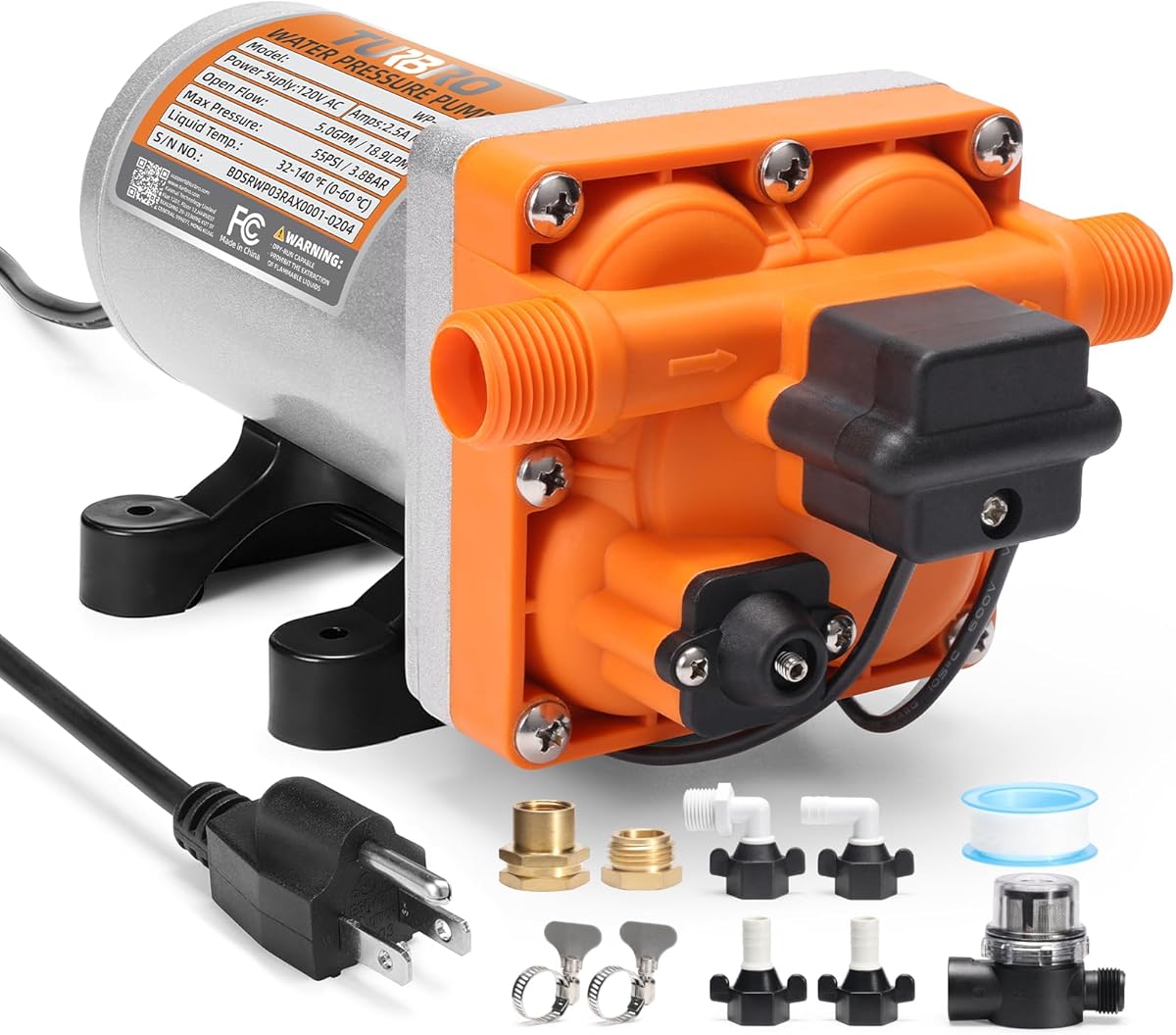 TURBRO 5.0 GPM 55 psi RV Water Pump, 120V AC Self-Priming Diaphragm Pump, Water Pressure Pump with Pressure Switch and Overheating Protection, for Home, Kitchen, Bathroom