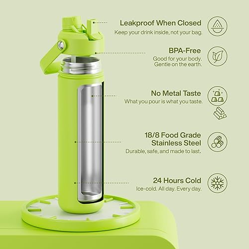 Miniatura 553 de ENCOOL Botella de agua aislada con popote, de acero inoxidable, a prueba de fugas, sin BPA, al vacío de doble pared que se mantiene fría durante 24