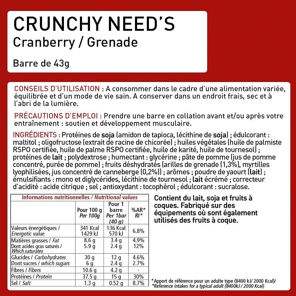 BARRE NEED'S CRUNCHY - Barre Gourmande et Croustillante, Riche en Protéines (35%), Sans Gluten, Adaptée aux Végétariens - Saveur Cranberry/Grenade - Display 12 Unités - Eric Favre