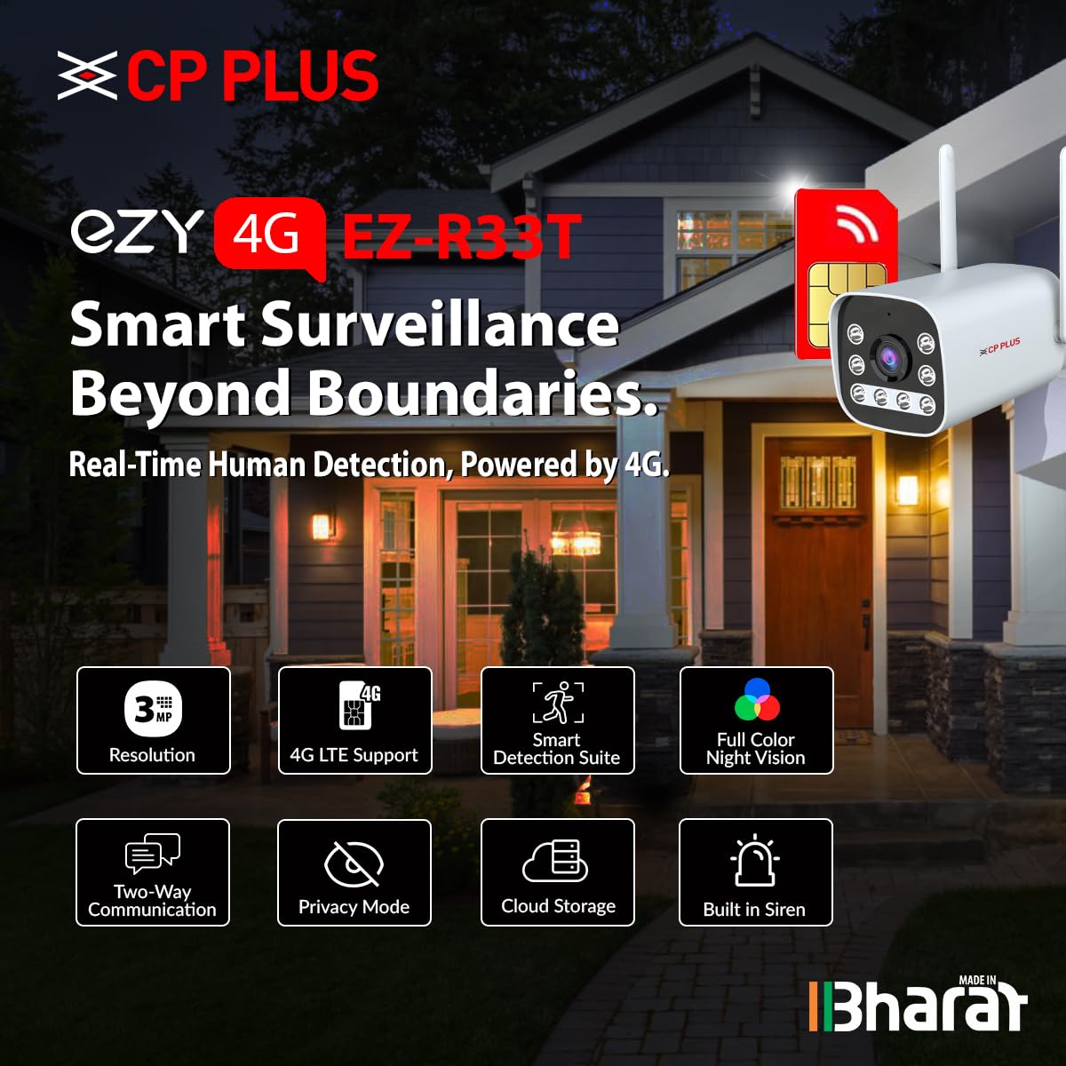 CP PLUS 3MP Outdoor Bullet CCTV Camera | 4G SIM-Based Wireless Security Camera | CTC Cyber Secure Tech | Human & Motion Detection | IR Night Vision 30M | SD Card Support | Two-Way Audio | EZ-R33T — Amazon image 2