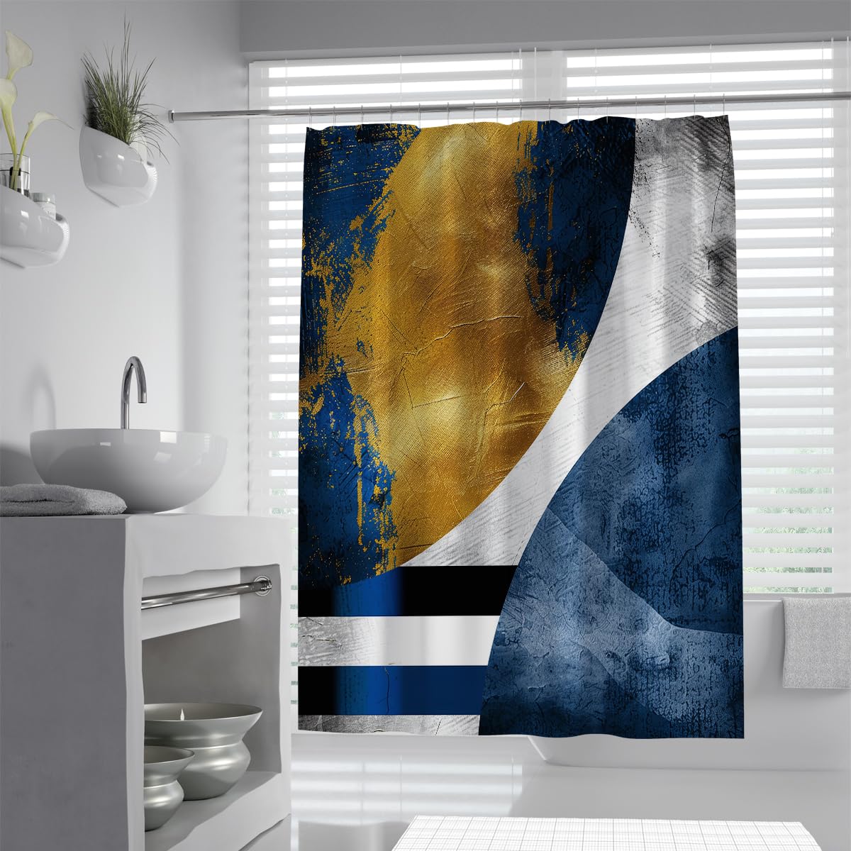 UIRINGART Abstract Shower Curtain W180xL200cm Mid Century Modern Navy Blue Grey Oil Paint Splatter Gold Foil Texture Geometric Block Mildew Mould Resistant Bath Curtains