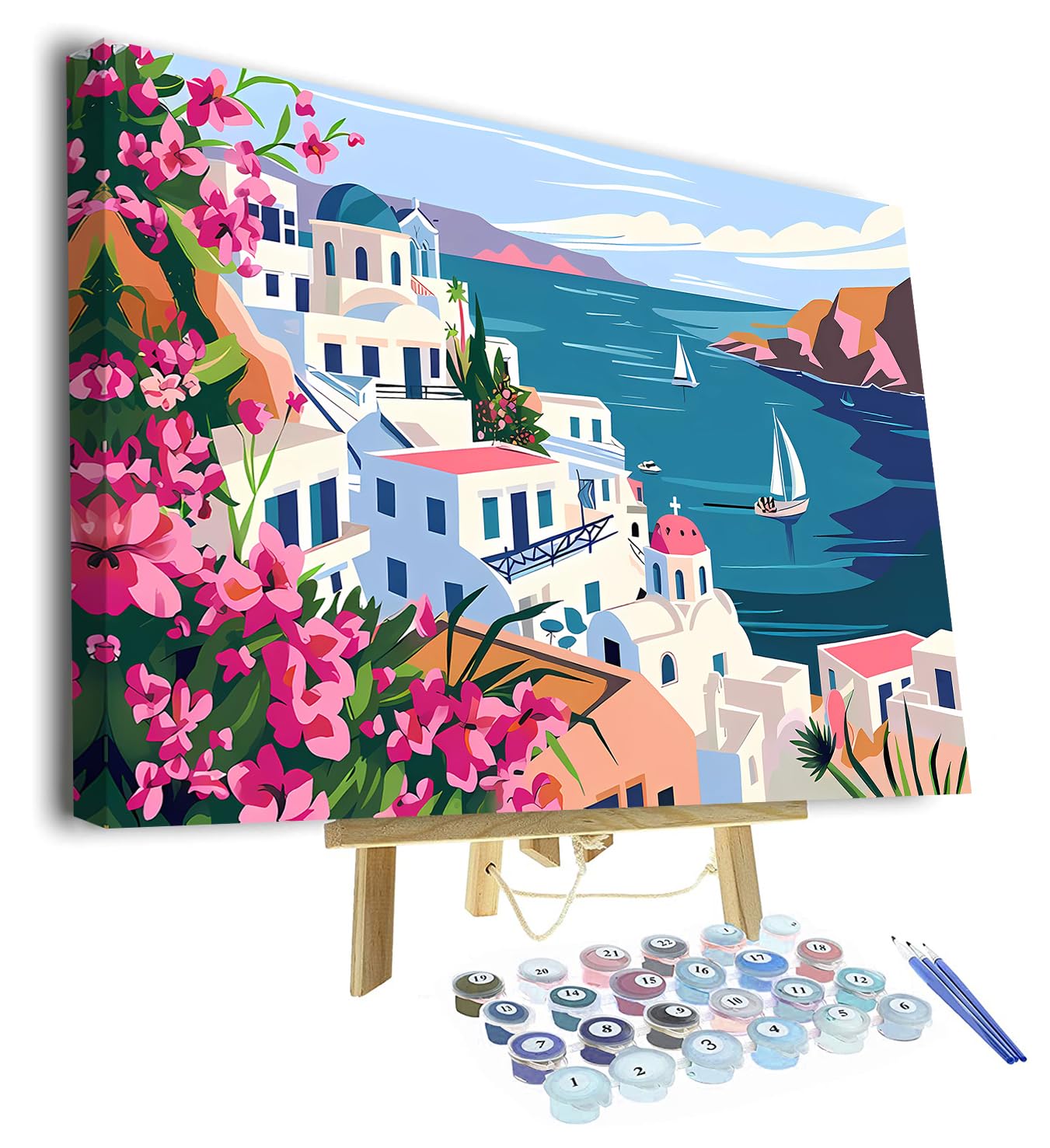 TISHIRON Santorini Coast Paint by Number Kit, Seashore Landscape DIY Paint by Numbers for Adults - White Houses on Canvas, 16x20inch with Frame