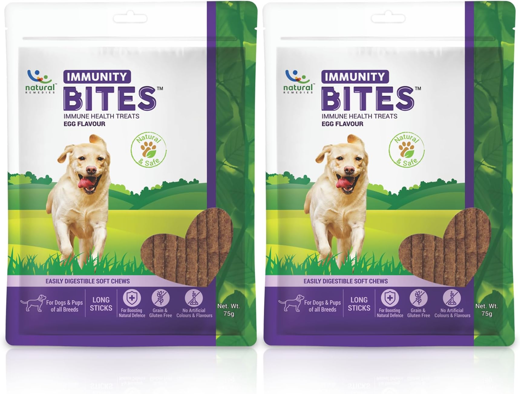 Natural Remedies Immunity Bites - 75 gm, Easily Digestible Healthy Snack and Training Treats, Soft Chews Long Sticks for Dogs, Puppy of All Life Stages, Grain & Gluten Free, Egg Flavour - Pack of 2