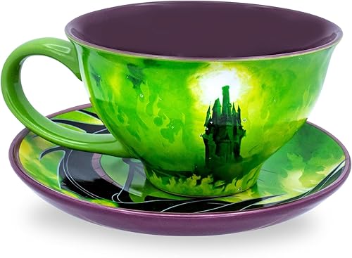 Miniatura 2 de Silver Buffalo Disney Sleeping Beauty Maléfica Taza de té y platillo de cerámica con Maléfica, Diablo y Maléfica en forma de dragón, 12 onzas