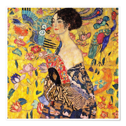 La dame à l'éventail Poster de Gustav Klimt Affiches pour toutes les pièces 20 x 20 cm Jaune Art nouveau Décoration murale