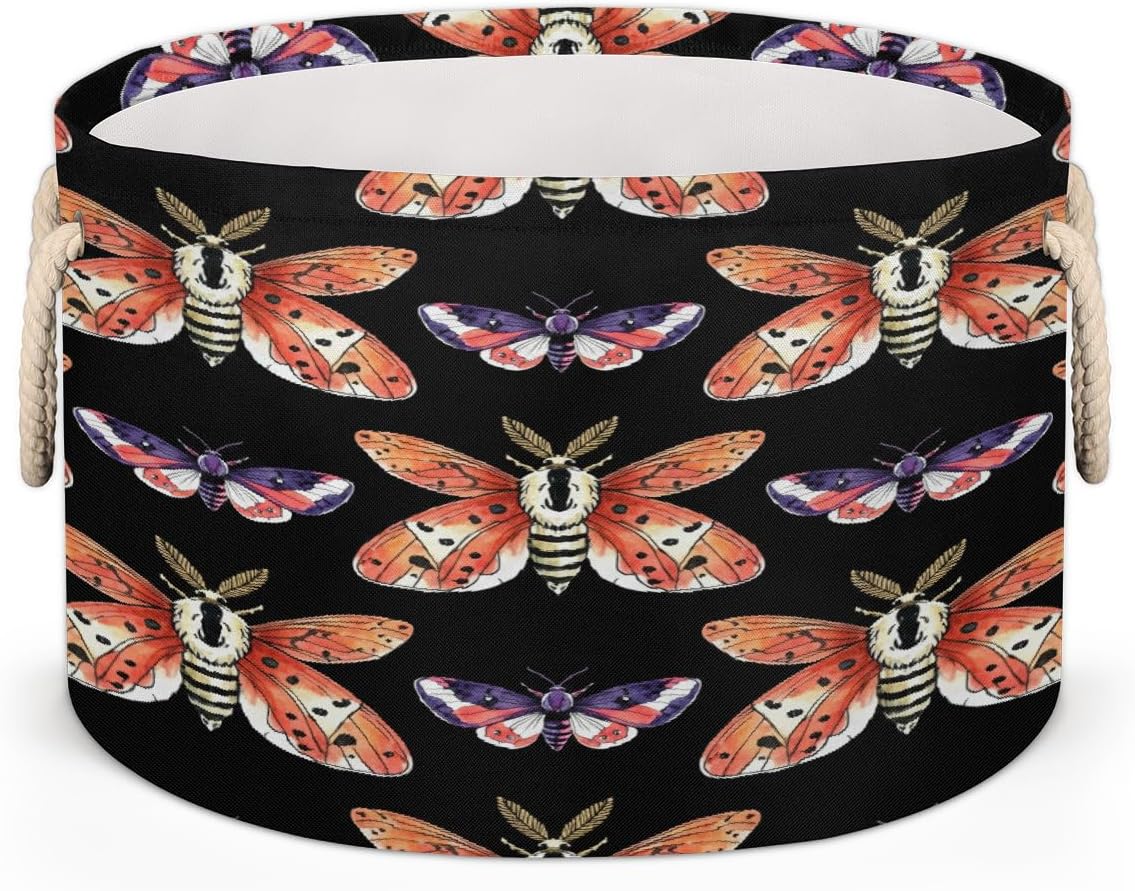 Large Storage Baskets - Moth Nursery Round Collapsible Organizer Bin Box, Laundry Hamper for Kids Toys, Blanket, Bedroom Living Room Home Decor, Gift Basket, 19.4"x13.3"