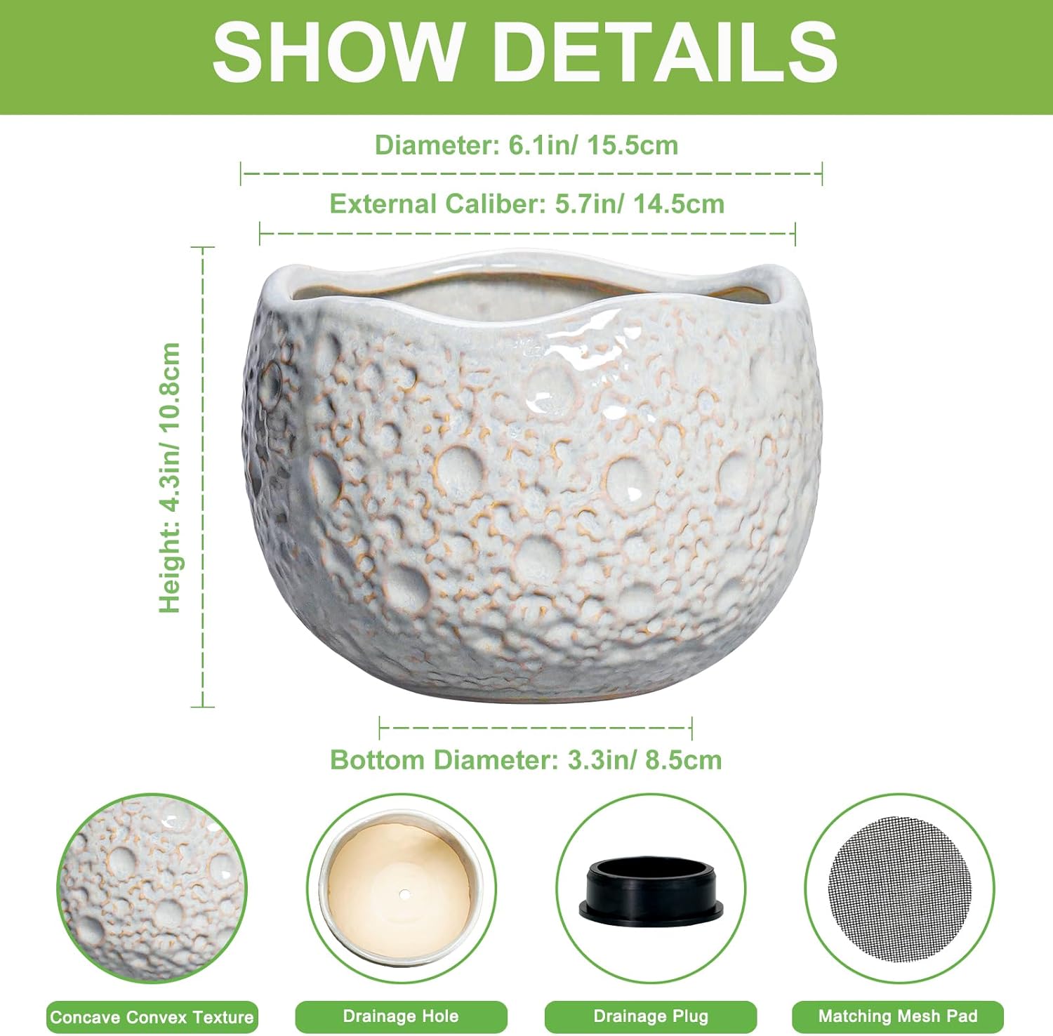 Ceramic Plant Pots 6 Inch - Ceramic Orchid Pot with Drainage Hole and Plug, Unique Pots for Plants Indoor Outdoor, Decorative Modern Planter, Living Room Decor, Plant Lovers Gifts, Grey