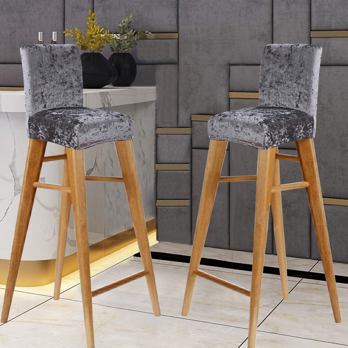 SYJ Crushed Velvet Bar Chair Stool Covers, Stretch Removable Washable Chair Slipcover for Short Swivel Dinning Chair Back Chair Bar Stool Chair (2 Pieces,Gray)