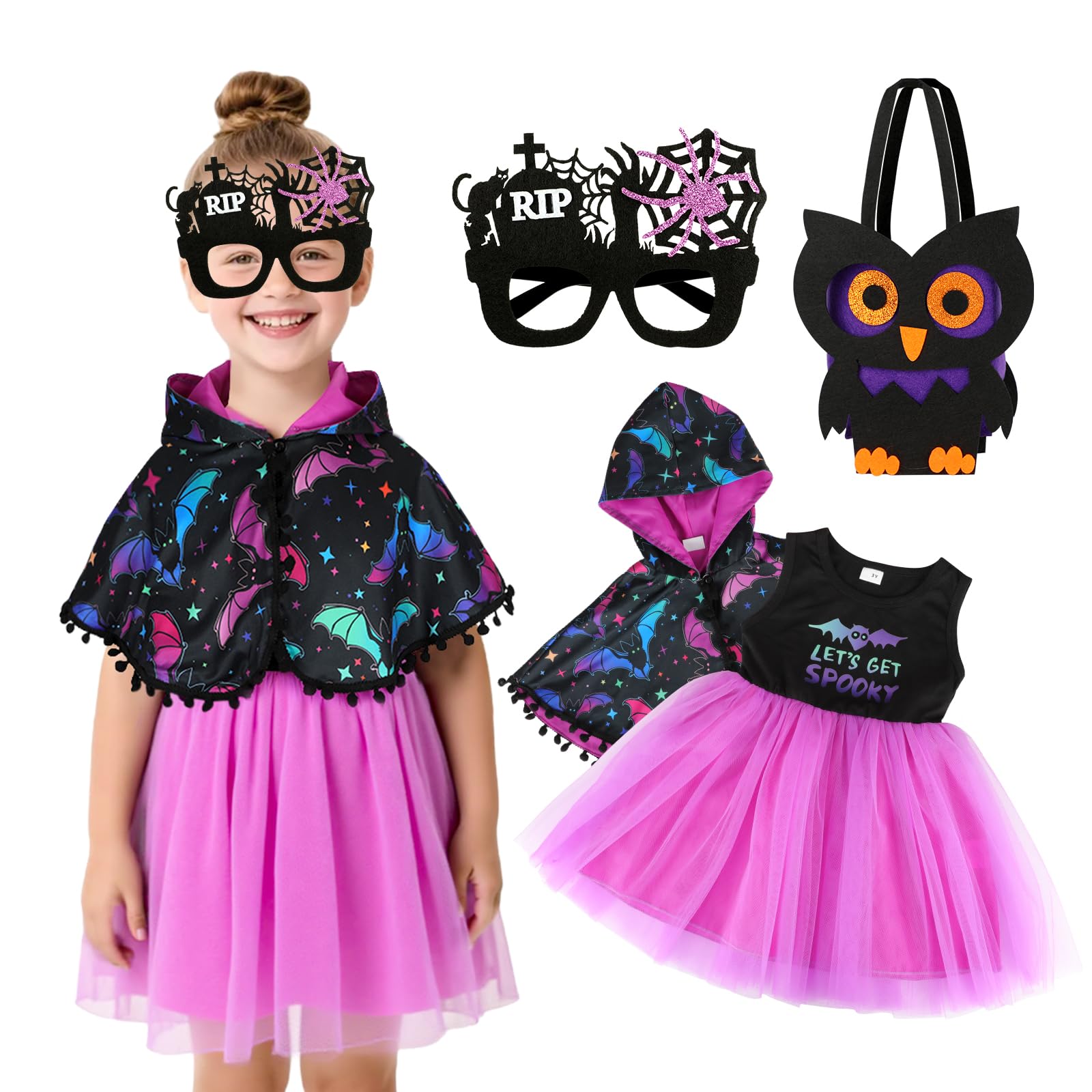 TAGVO Costume da Strega Halloween per Bambina, Ragazze Principessa Vestito Strega Viola Poncho Cappuccio Capo Paillettes Tulle Abiti serbatoio per bambini Halloween fantasia vestire per 1-6 anni