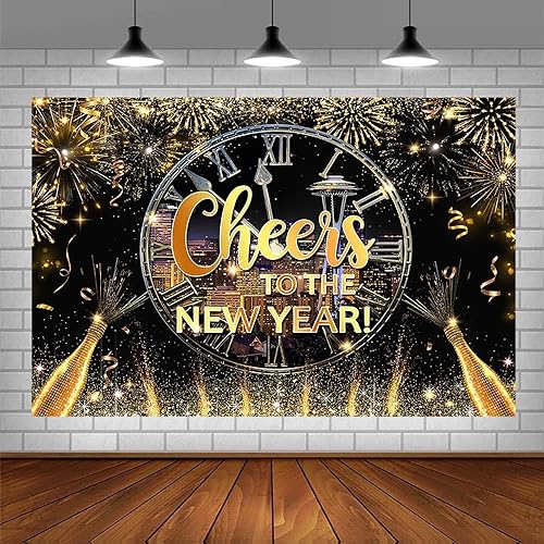 Miniatura 3 de Telón de fondo dorado negro de 7 x 5 pies, feliz año nuevo, 2024, bésame a medianoche, fotografía de fondo Cheers to the New Year Eve Hello 2024,