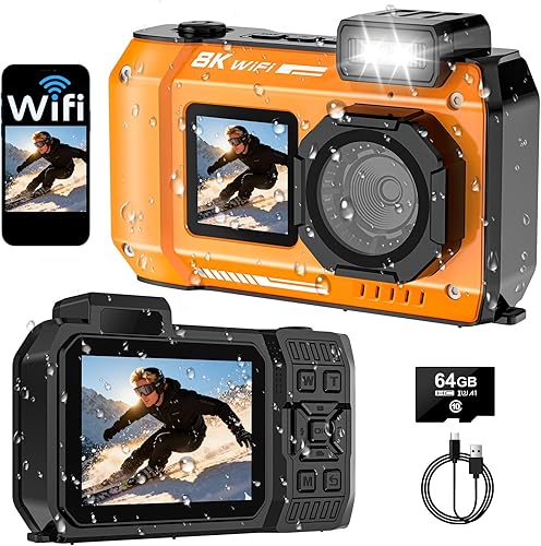Miniatura 9 de Cámara subacuática UHD 8K, 70MP 33FT WiFi Cámara digital impermeable con tarjeta de 64 GB, enfoque automático, impermeable, doble pantalla, selfie,