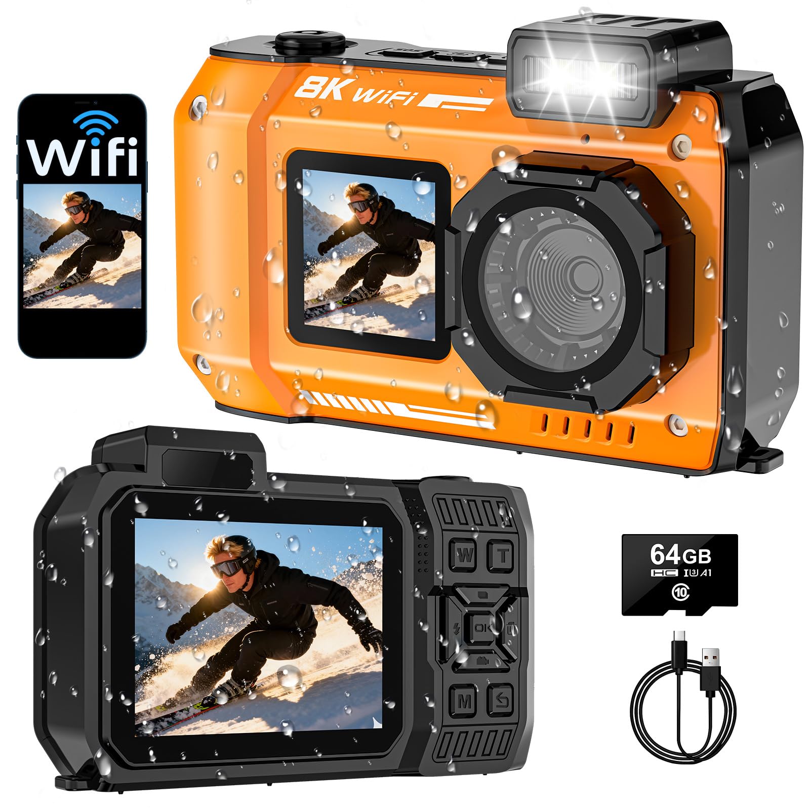 SPUNALP UHD 8K Underwater Camera, 70MP 33FT WiFi Waterproof Digital Camera with 64GB Card, Auto Focus Waterproof Dual-Screen Selfie 2500mAh Battery,
