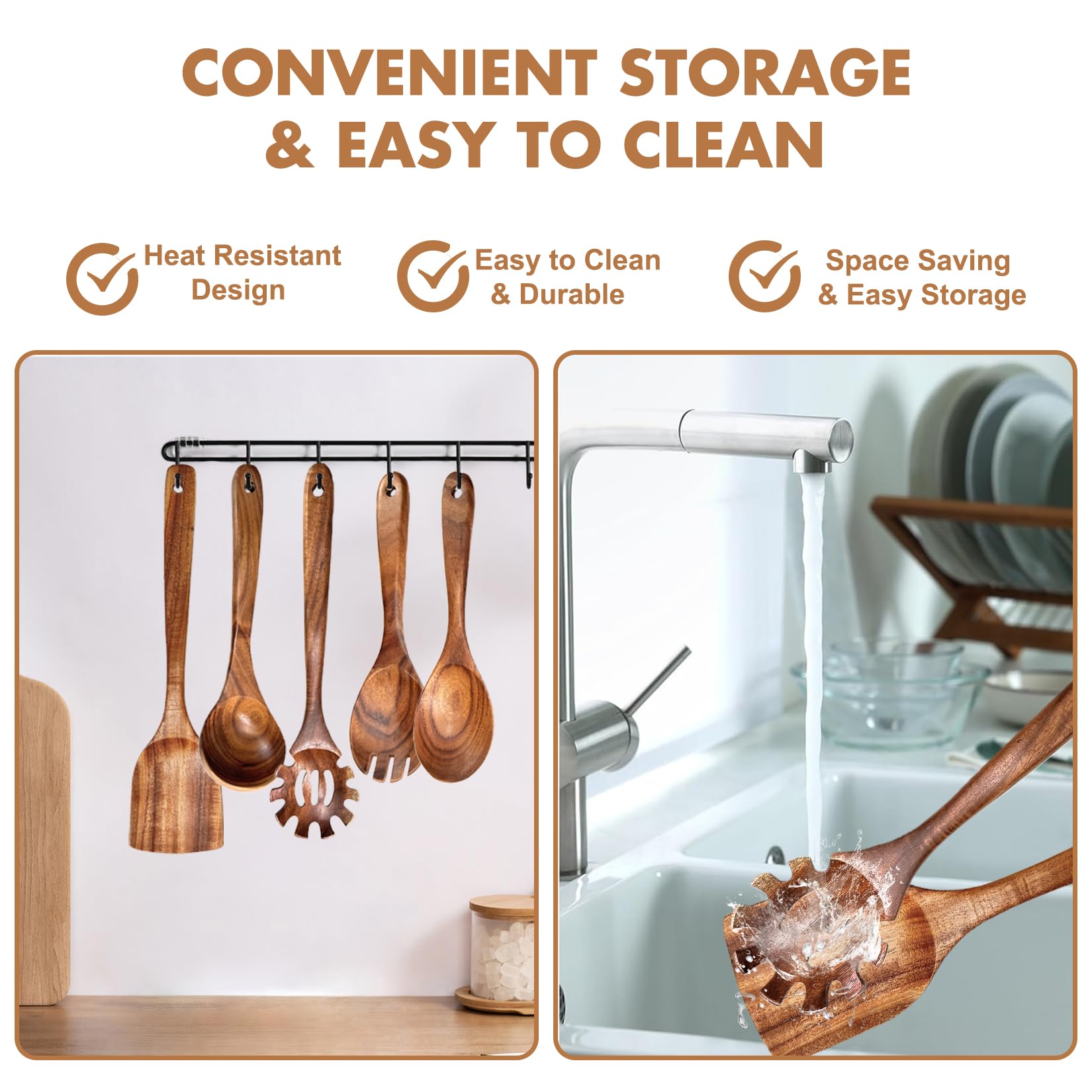 Juego de 5 utensilios de cocina de madera, juego de utensilios de cocina de madera de acacia natural para cocinar, juego de utensilios de cocina de madera antiadherente, juego de herramientas de