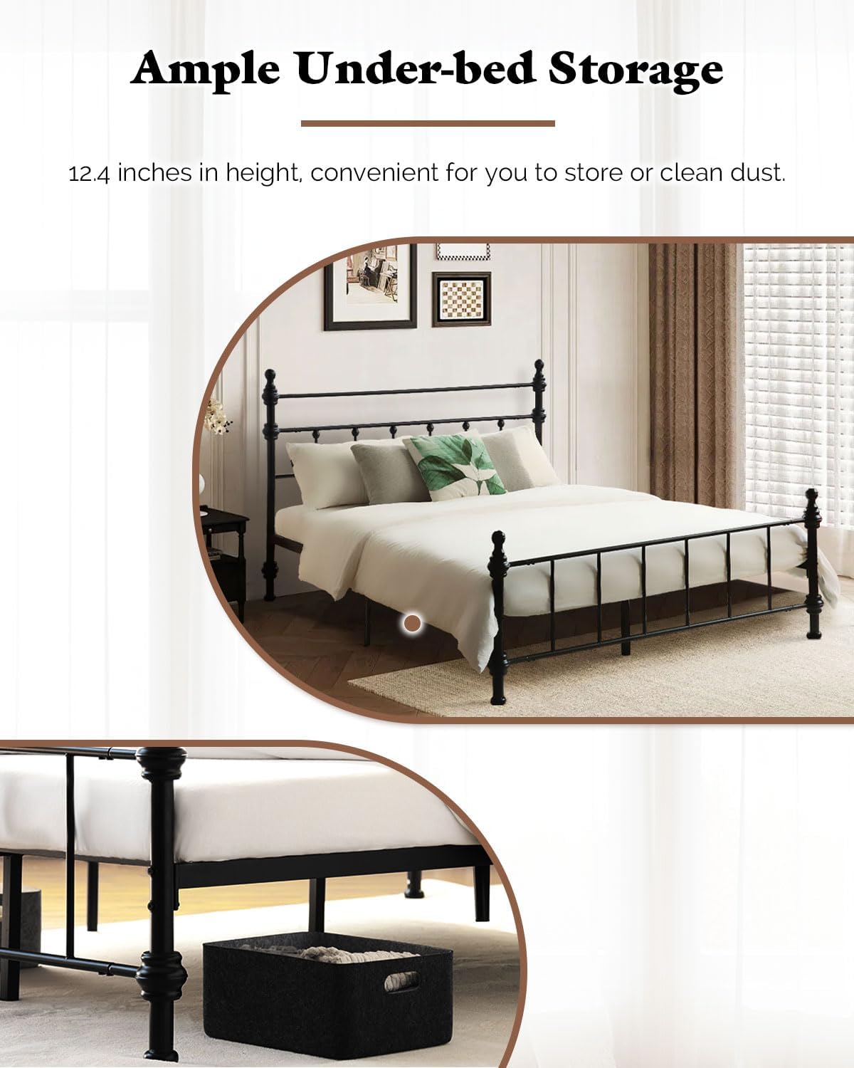 Queen Size Bed Frame, Metal Platform Bed with Straight Headboard, Retro Luxury Roman Column, Easy Set up, No Box Spring Needed, Storage Space Under-Bed（Queen）