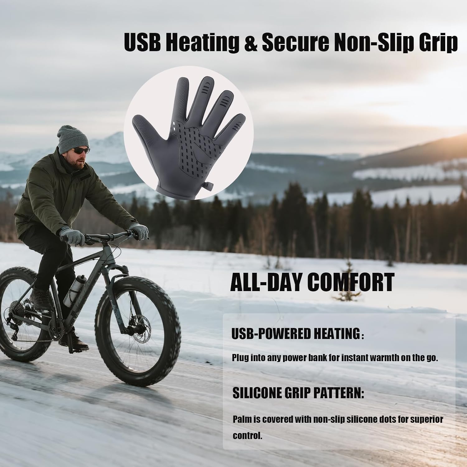 USB Heated Gloves for Men Women, Waterproof Touchscreen Winter Sports Gloves with Zipper Pocketfor Skiing, Snowboarding, Cycling
