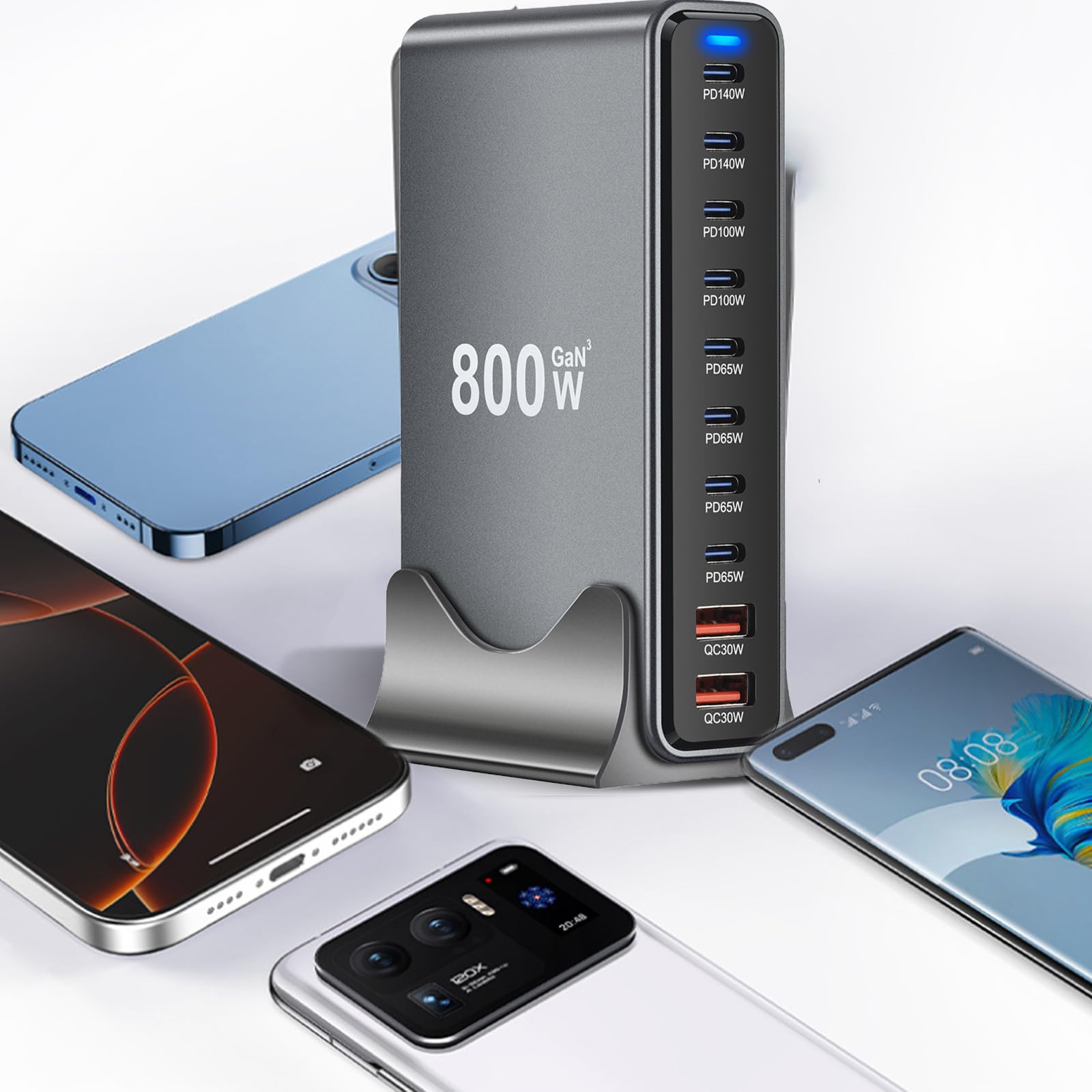 Chargeur Rapide USB-C 10 Ports 800W avec Puce GaN III et PD 3.1, 8 Ports USB-C et 2 Ports USB-A, Alimentation 140W pour MacBook, iPhone, iPad, Samsung